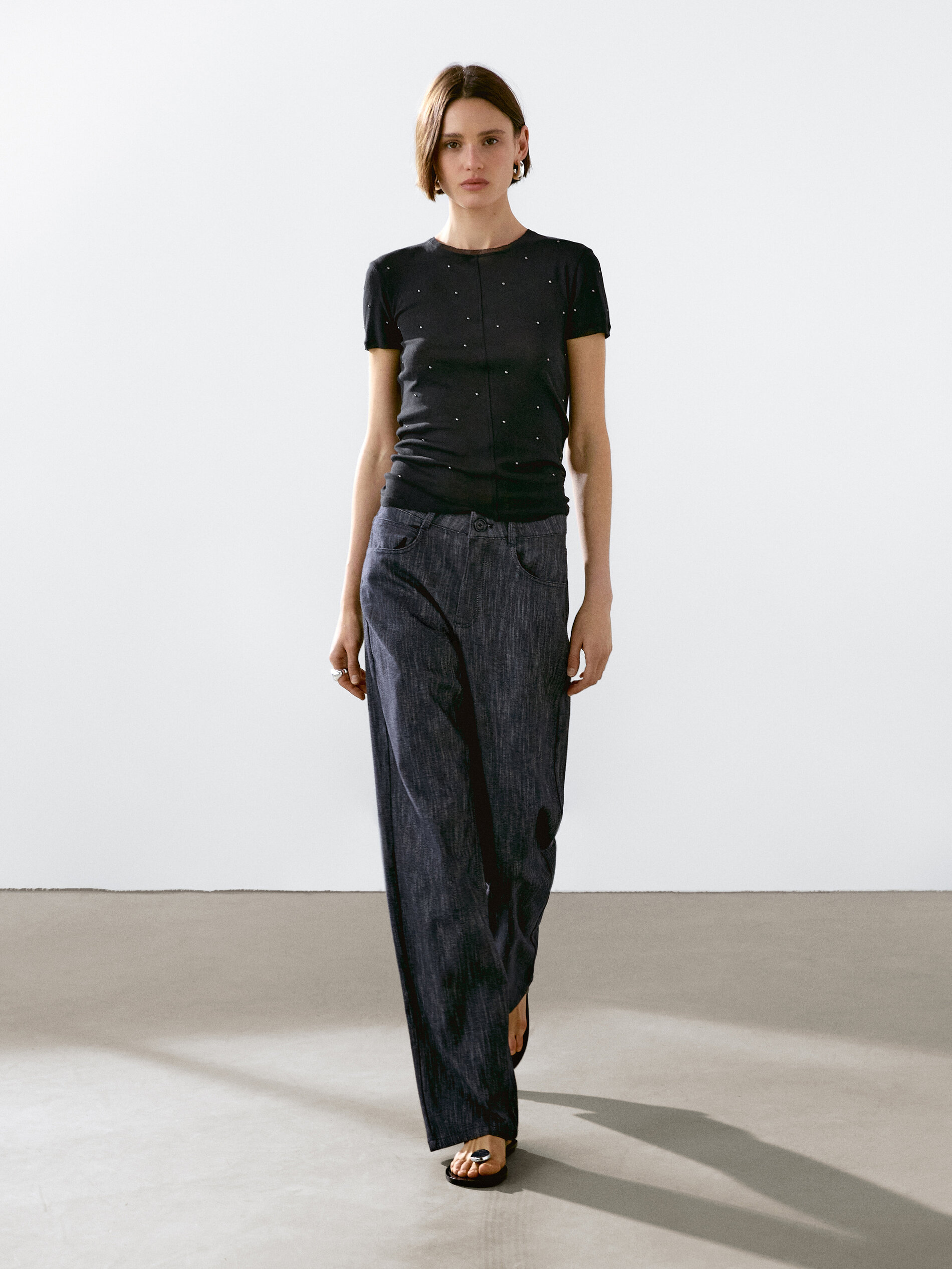 T-Shirt Avec Clous Métalliques - Plomb - S - Massimo Dutti - Femme