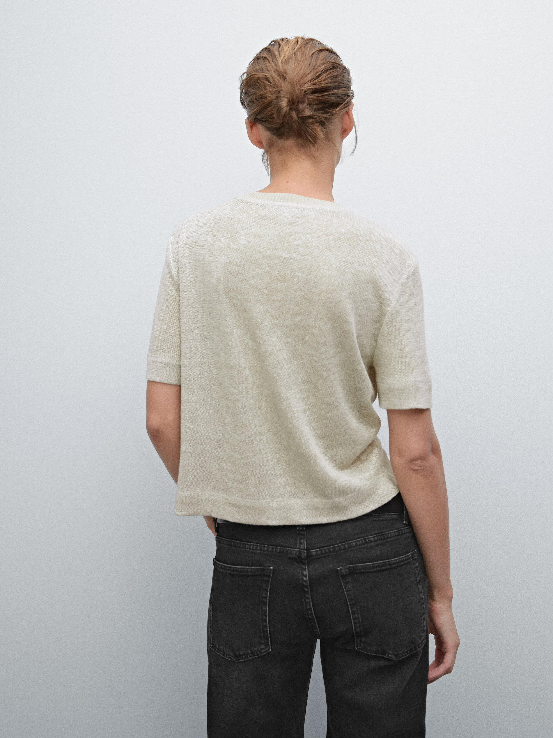 T-Shirt En Maille Ajourée 100 % Lin - Délavé - L - Massimo Dutti - Femme