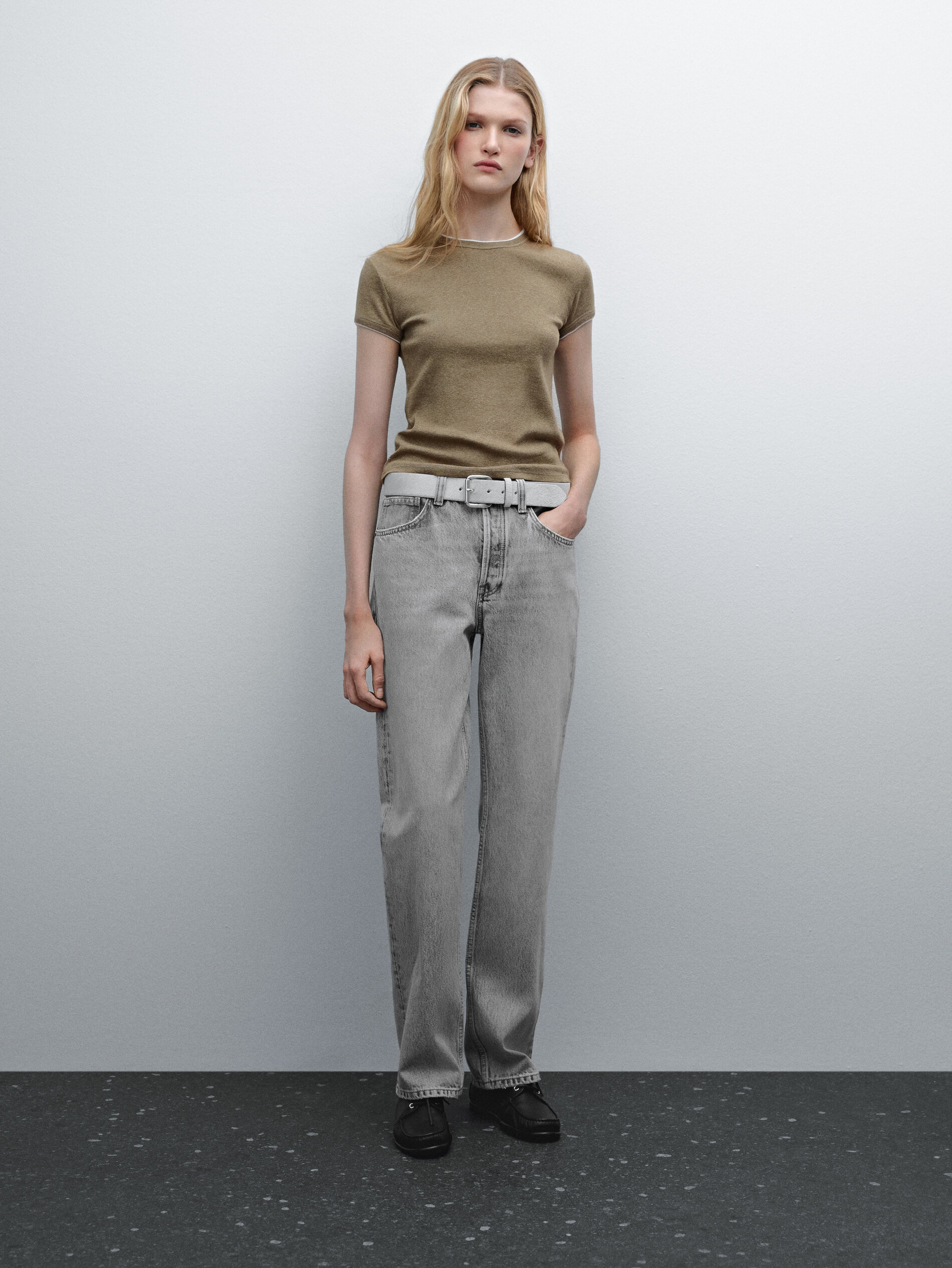 T-Shirt 100 % Coton À Bords-Côtes Contrastants - Vert Vigoré - Xs - Massimo Dutti - Femme