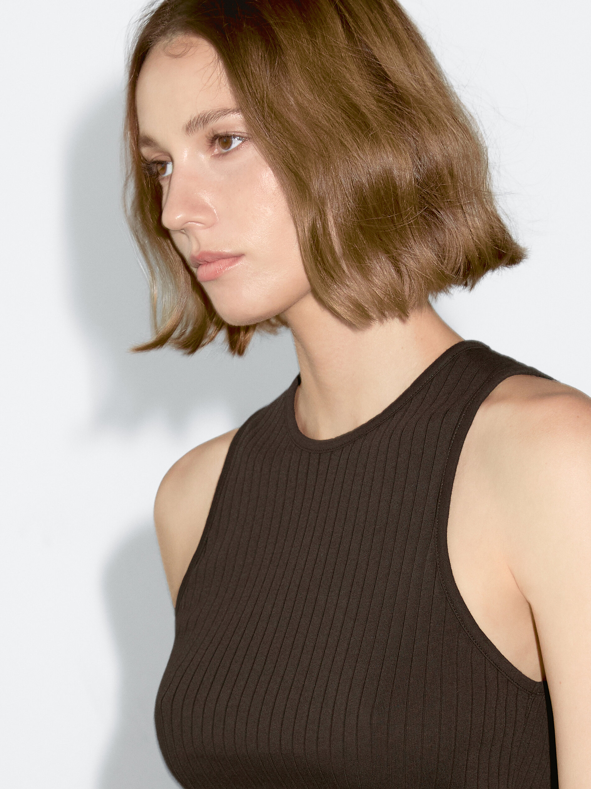 Top De Malha Canelada Com Decote Halter - Caqui - L - Massimo Dutti - Mulher