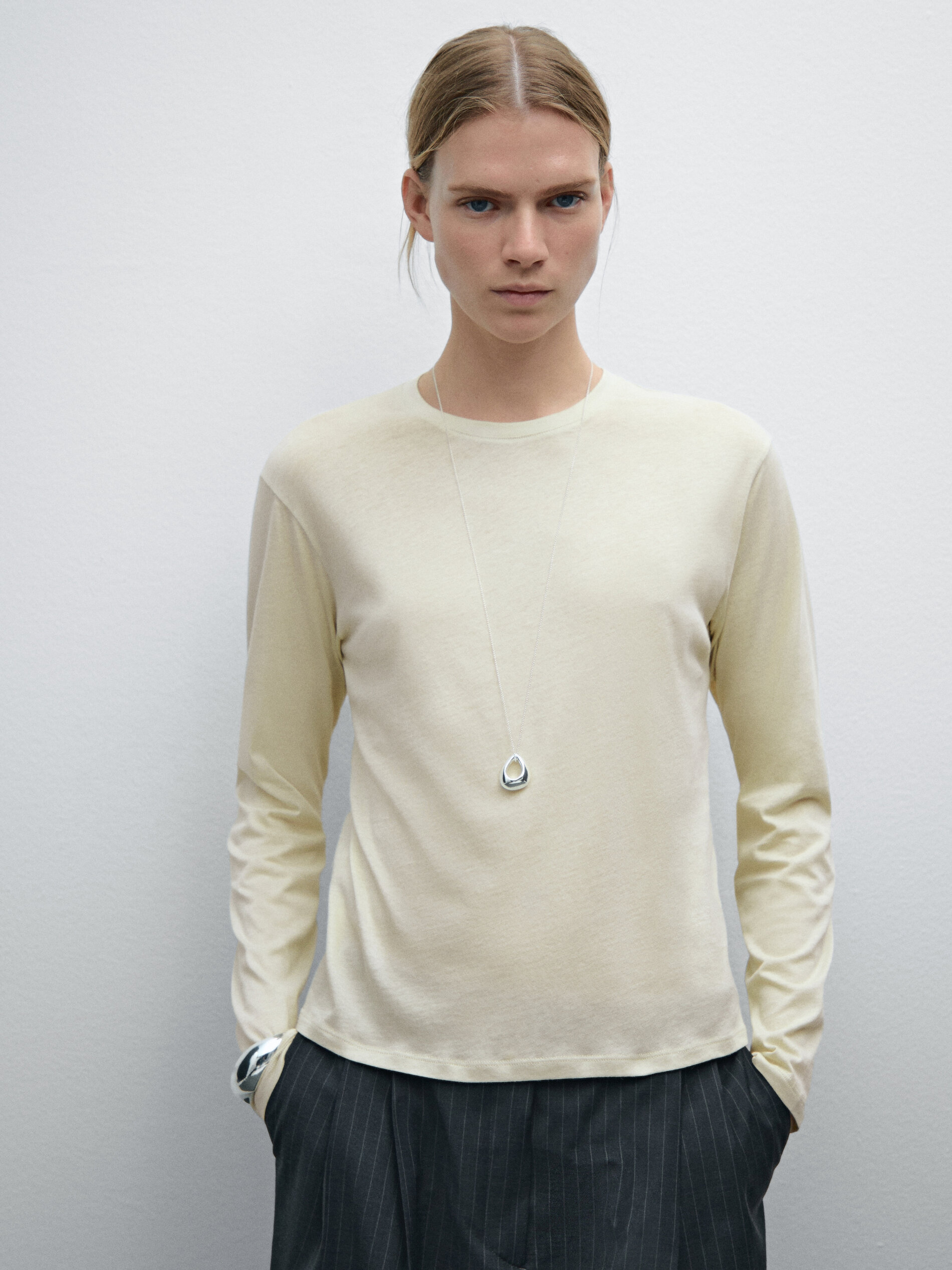 T-Shirt À Manches Longues 100 % Coton - Vert Clair - Xs - Massimo Dutti - Femme