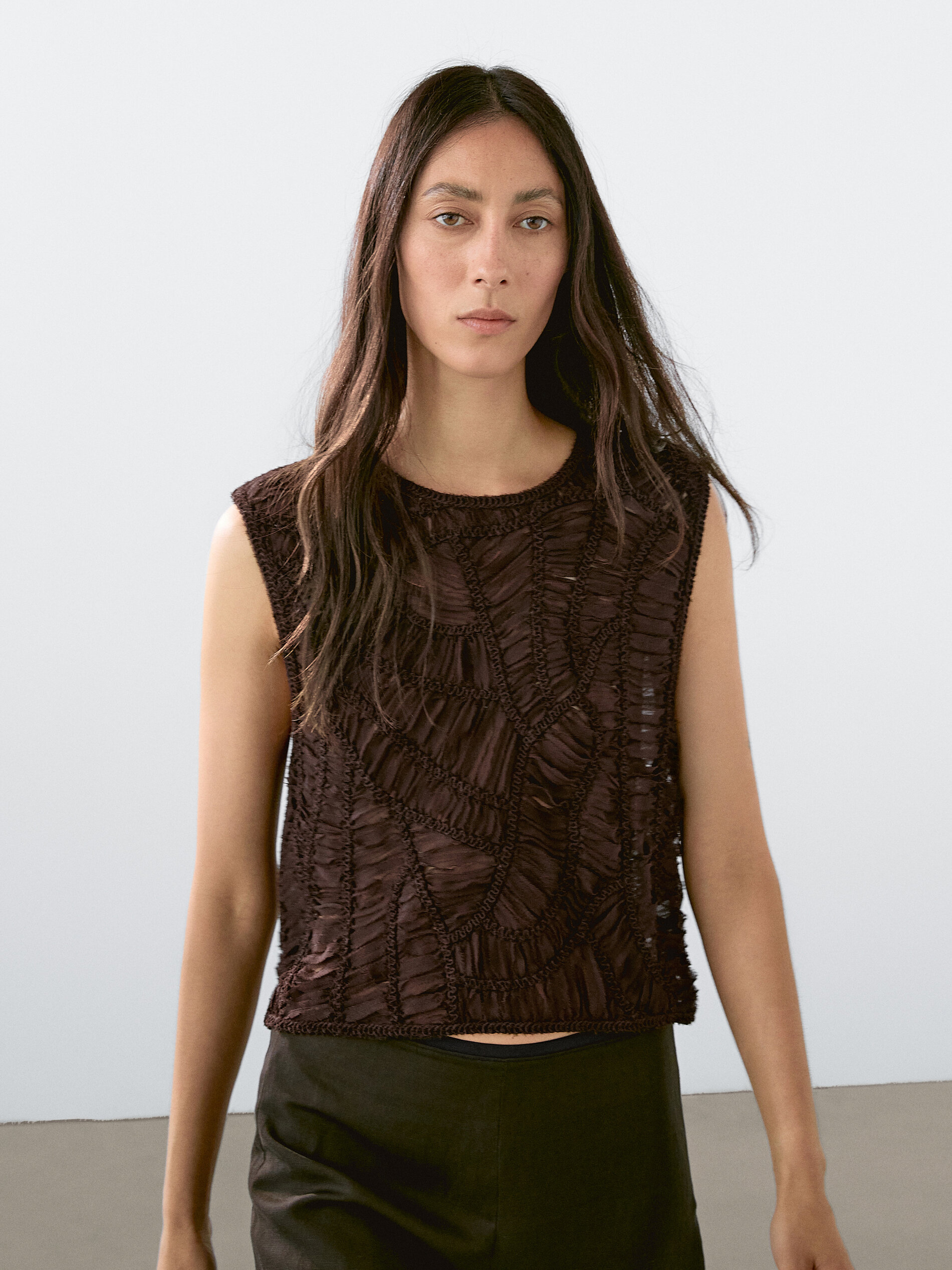 Top Crochet Ajouré - Marron - S - Massimo Dutti - Femme