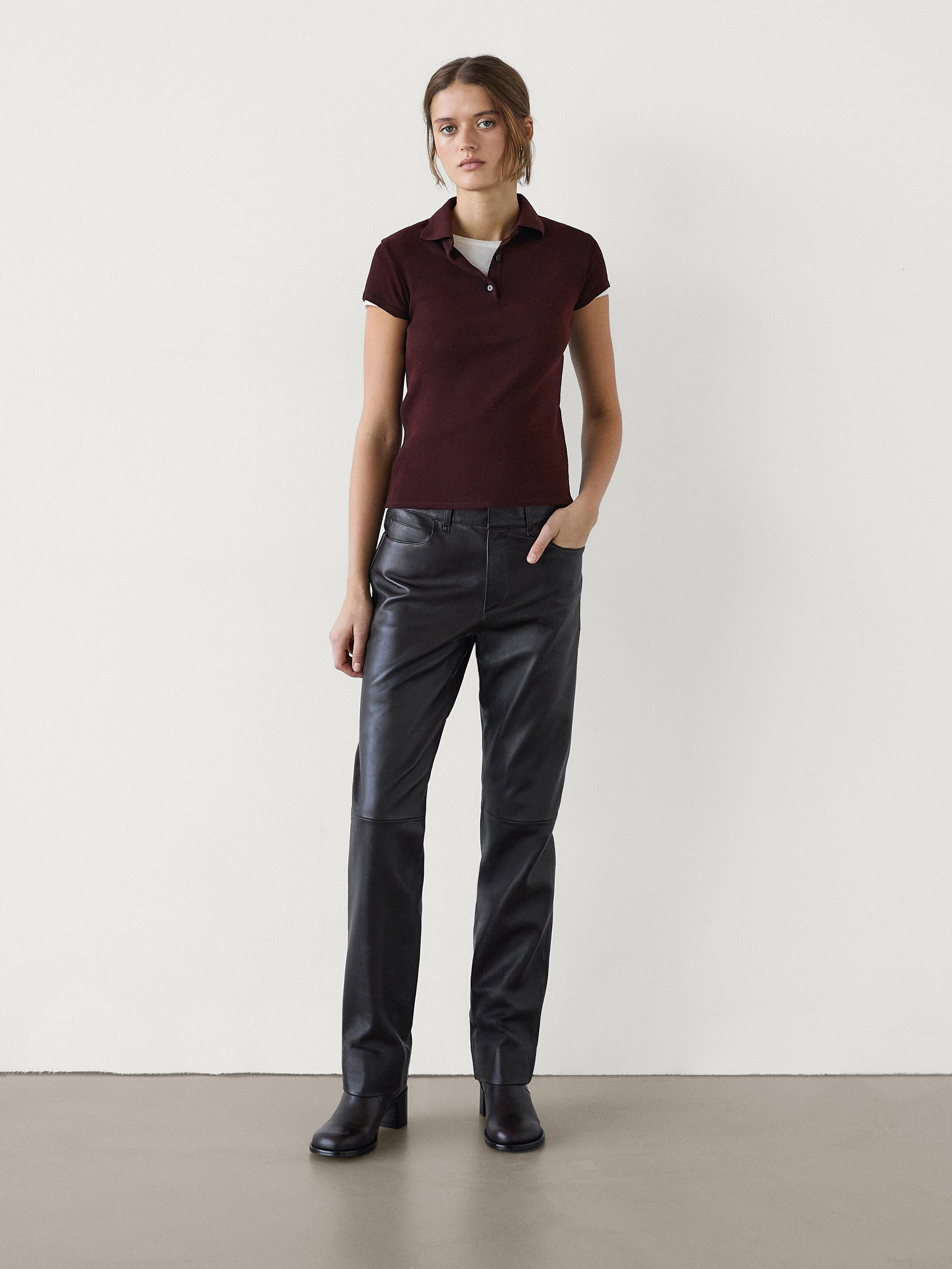Polo En Maille À Manches Courtes - Bordeaux - Xs - Massimo Dutti - Femme