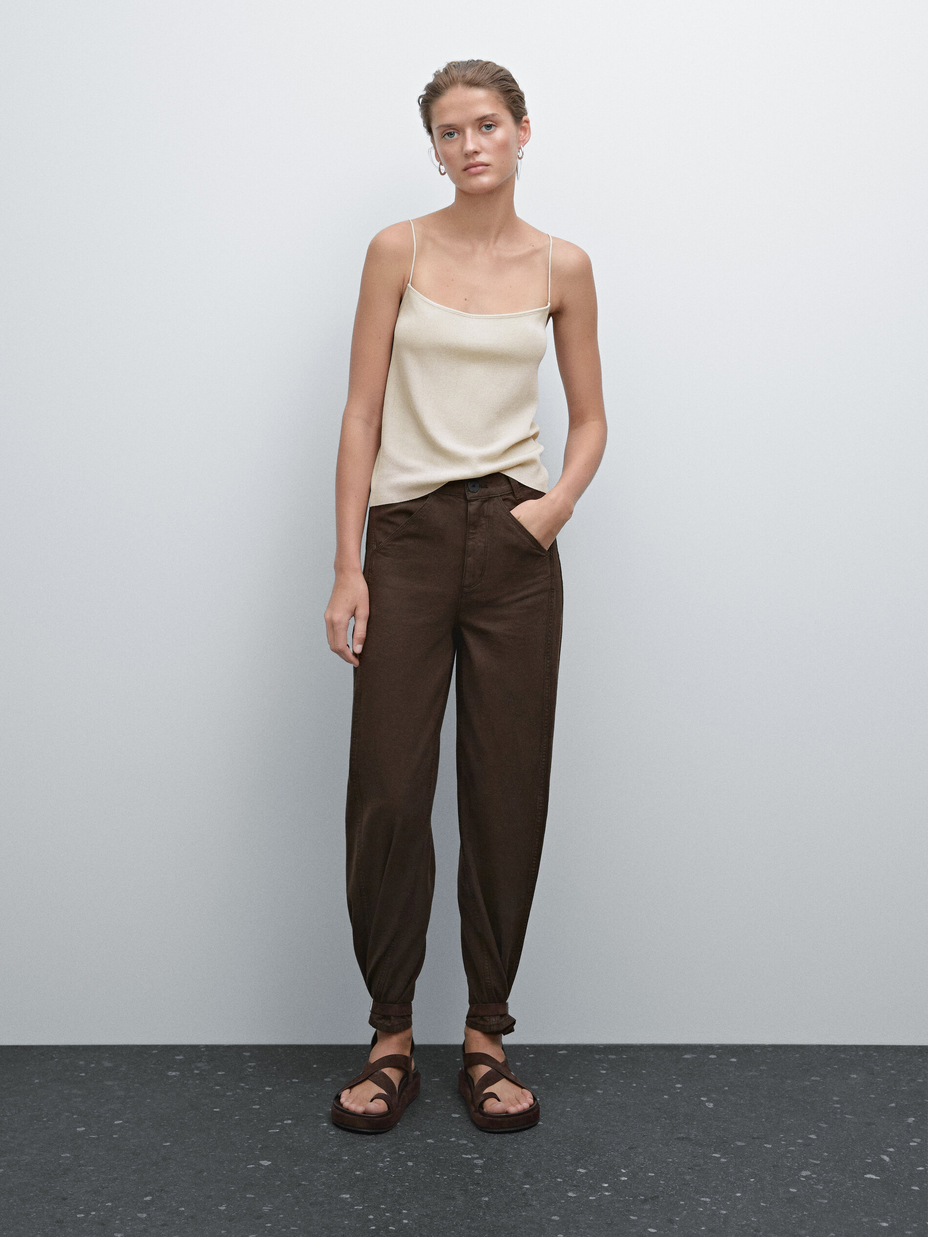 Top Bretelles Fines Texturé - Pierre - Xl - Massimo Dutti - Femme