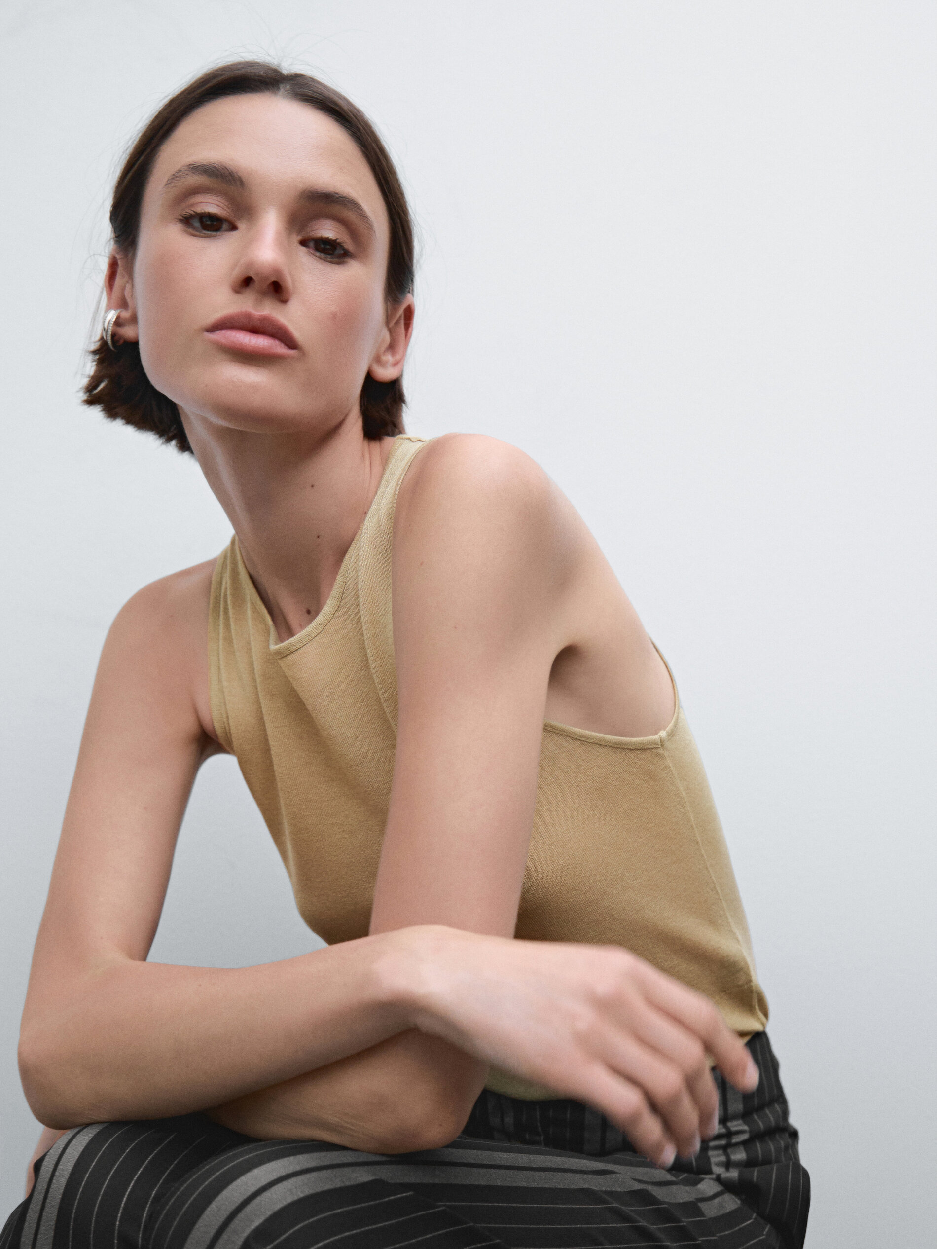 Top Semi-Transparent À Col Rond - Olive - Xs - Massimo Dutti - Femme