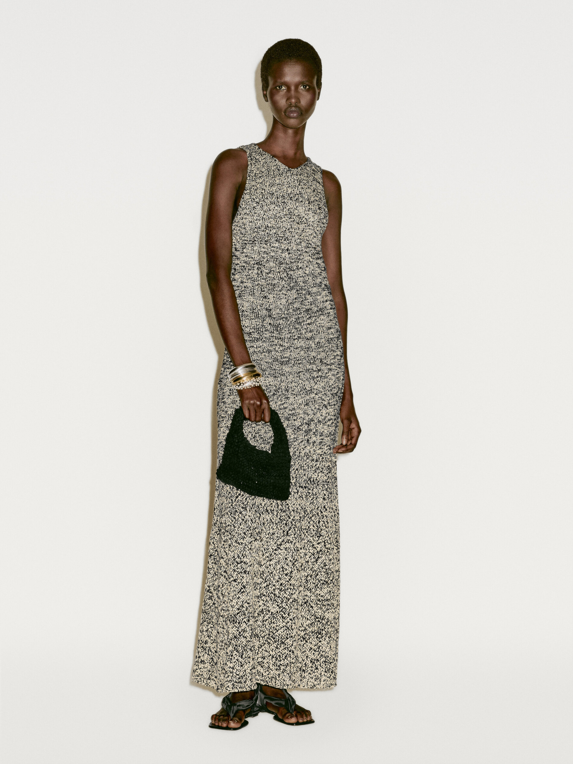 Robe Longue En Maille Chinée - Limited Edition - Noir Et Blanc - Xs - Massimo Dutti - Femme