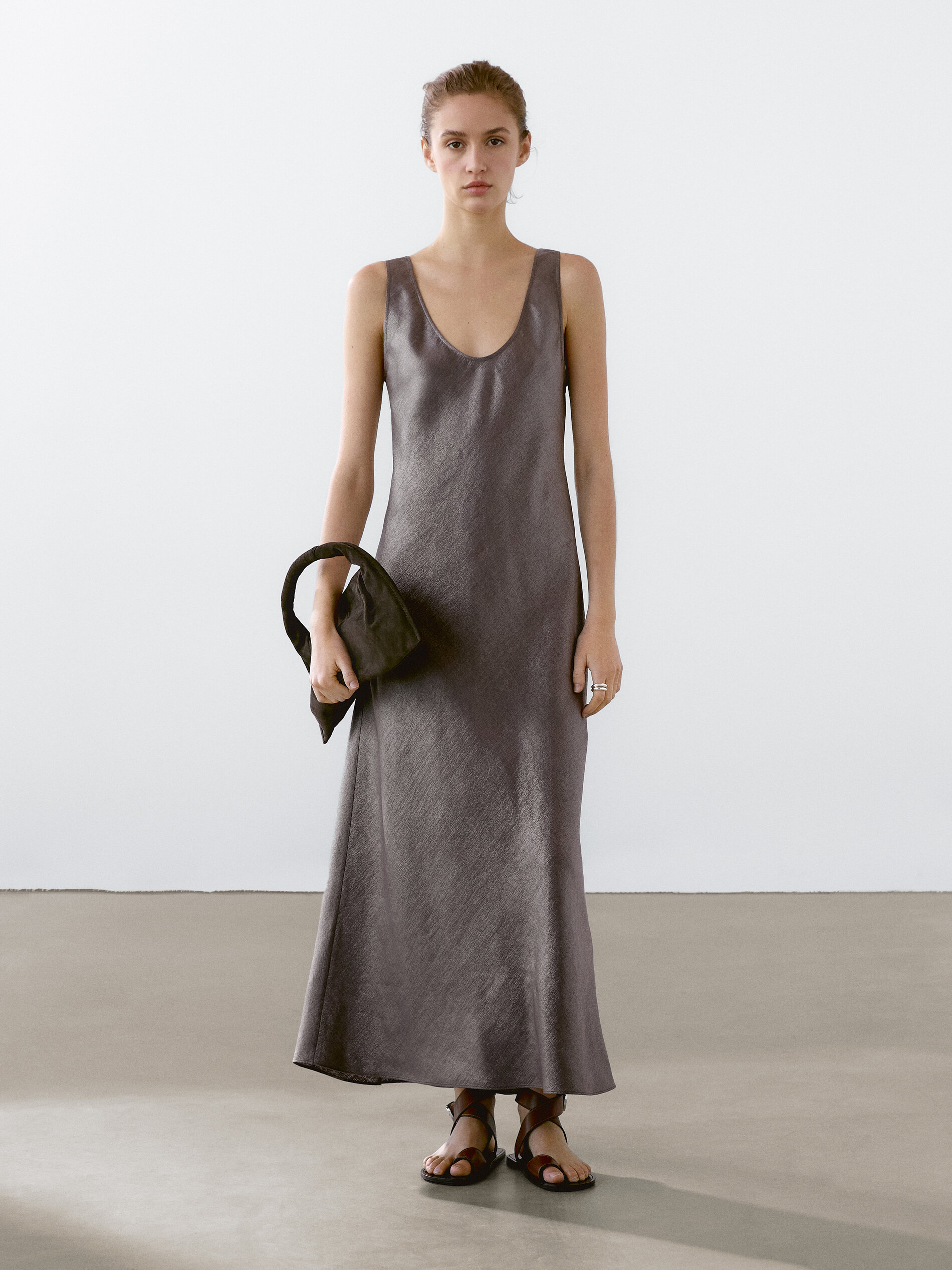 Robe Midi En Lin Mélangé - Argent - L - Massimo Dutti - Femme