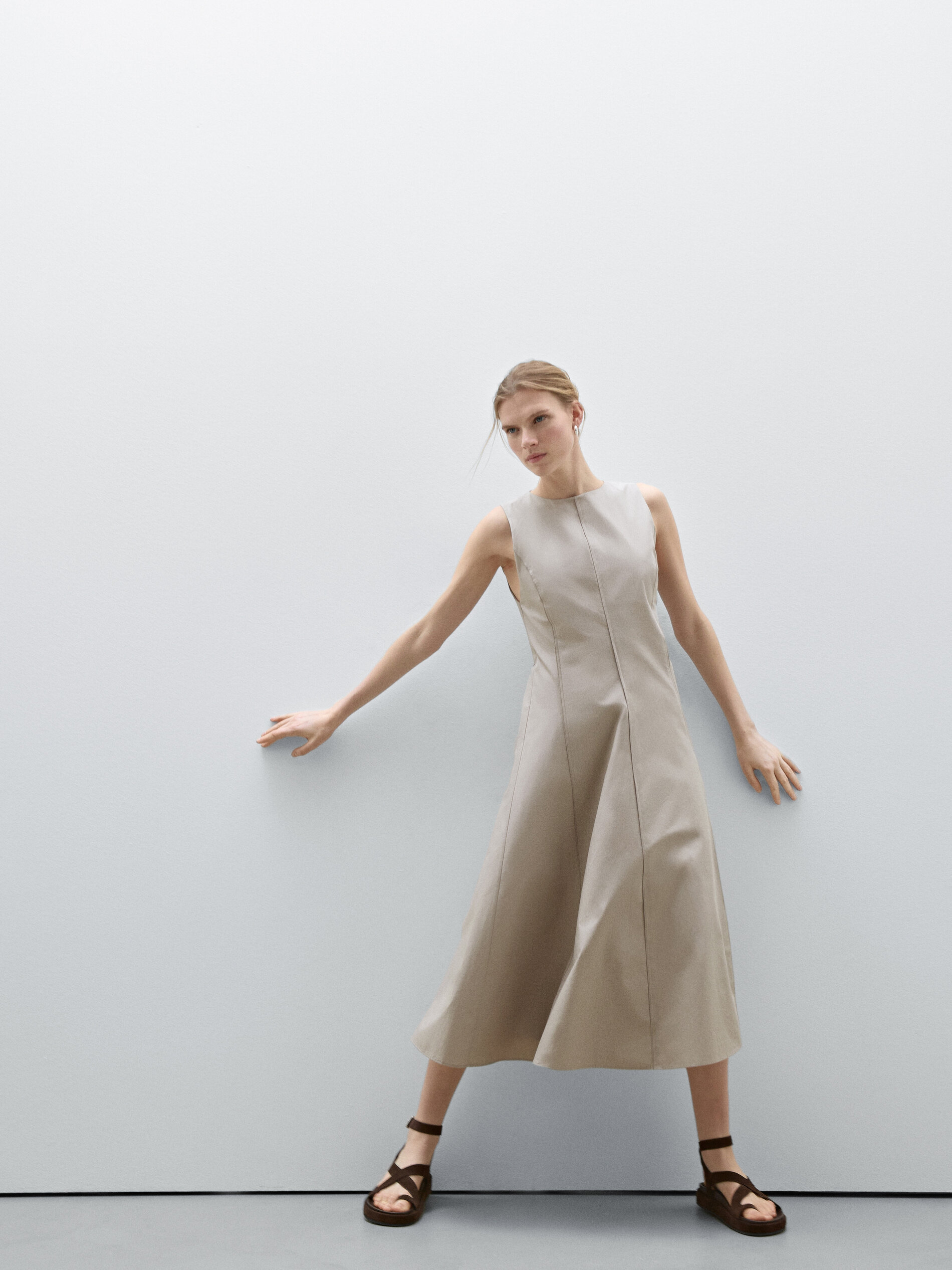Robe Midi Ample En Popeline - Sable - 36 - Massimo Dutti - Femme
