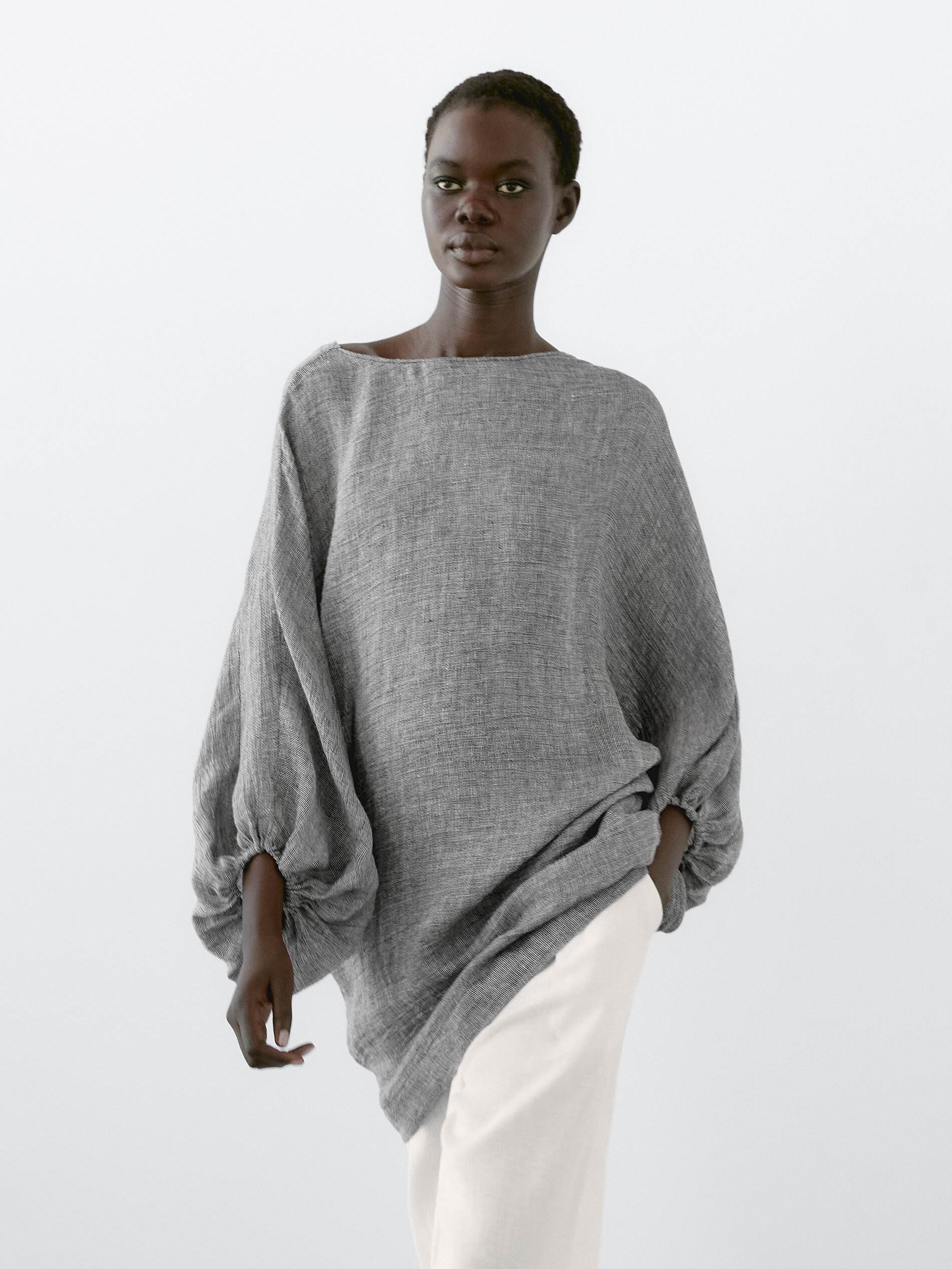 Short Dress With Sleeve Detail, 100% Linen - Grigio - M - Massimo Dutti - Femminile