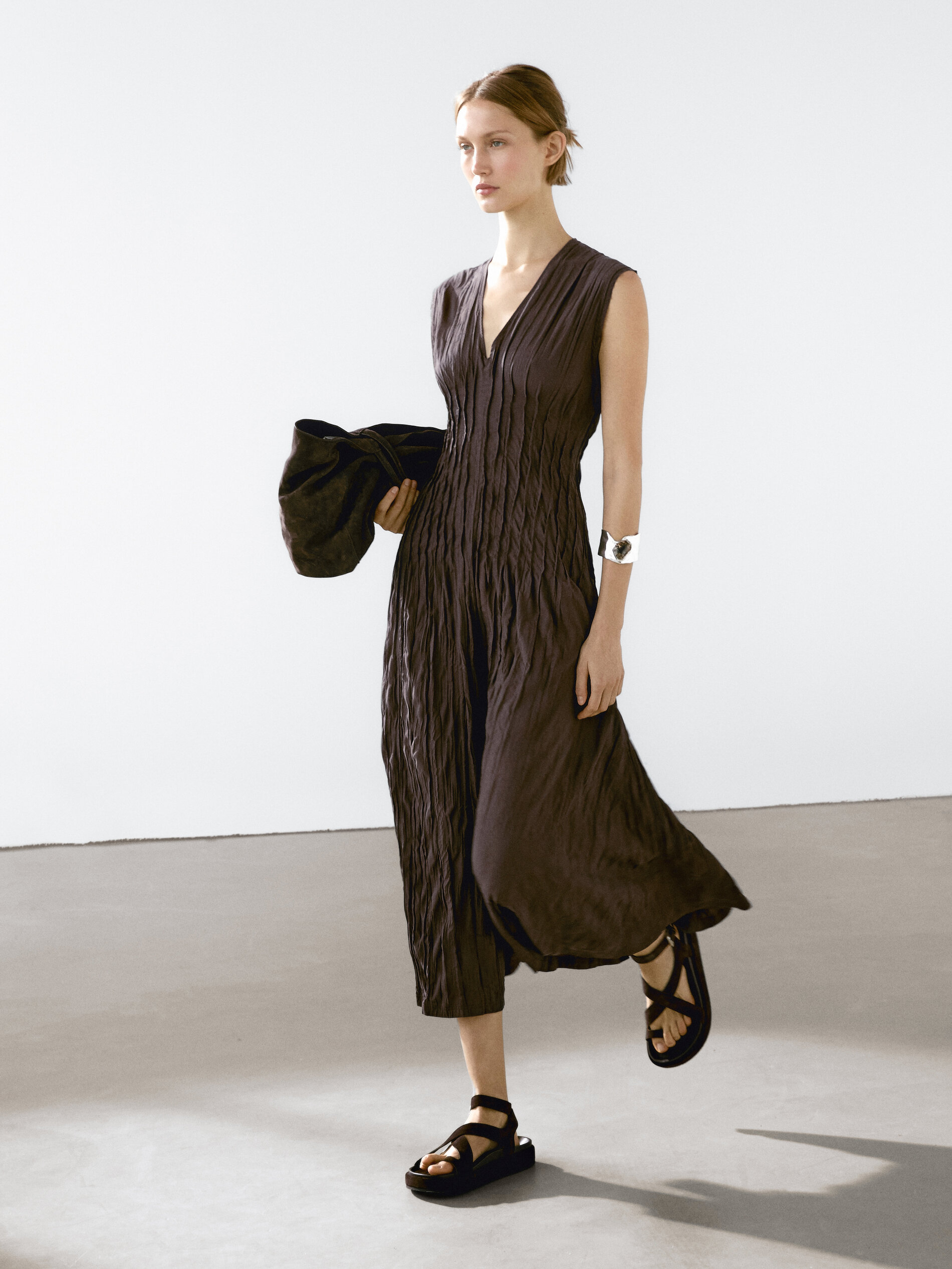 Robe Midi Fluide Plissée - Chocolat - L - Massimo Dutti - Femme