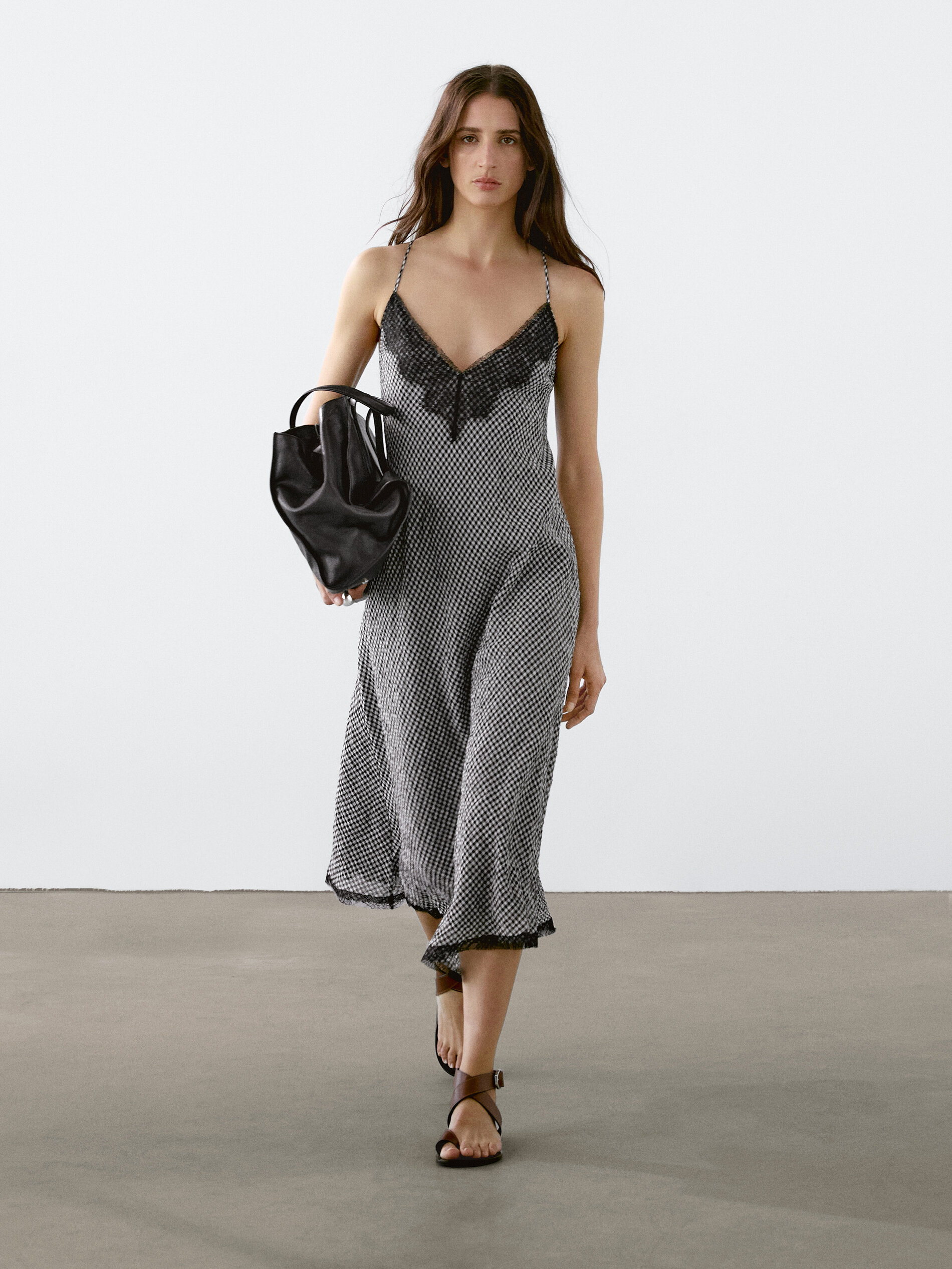 Robe Midi En Dentelle À Carreaux Vichy - Noir - 34 - Massimo Dutti - Femme