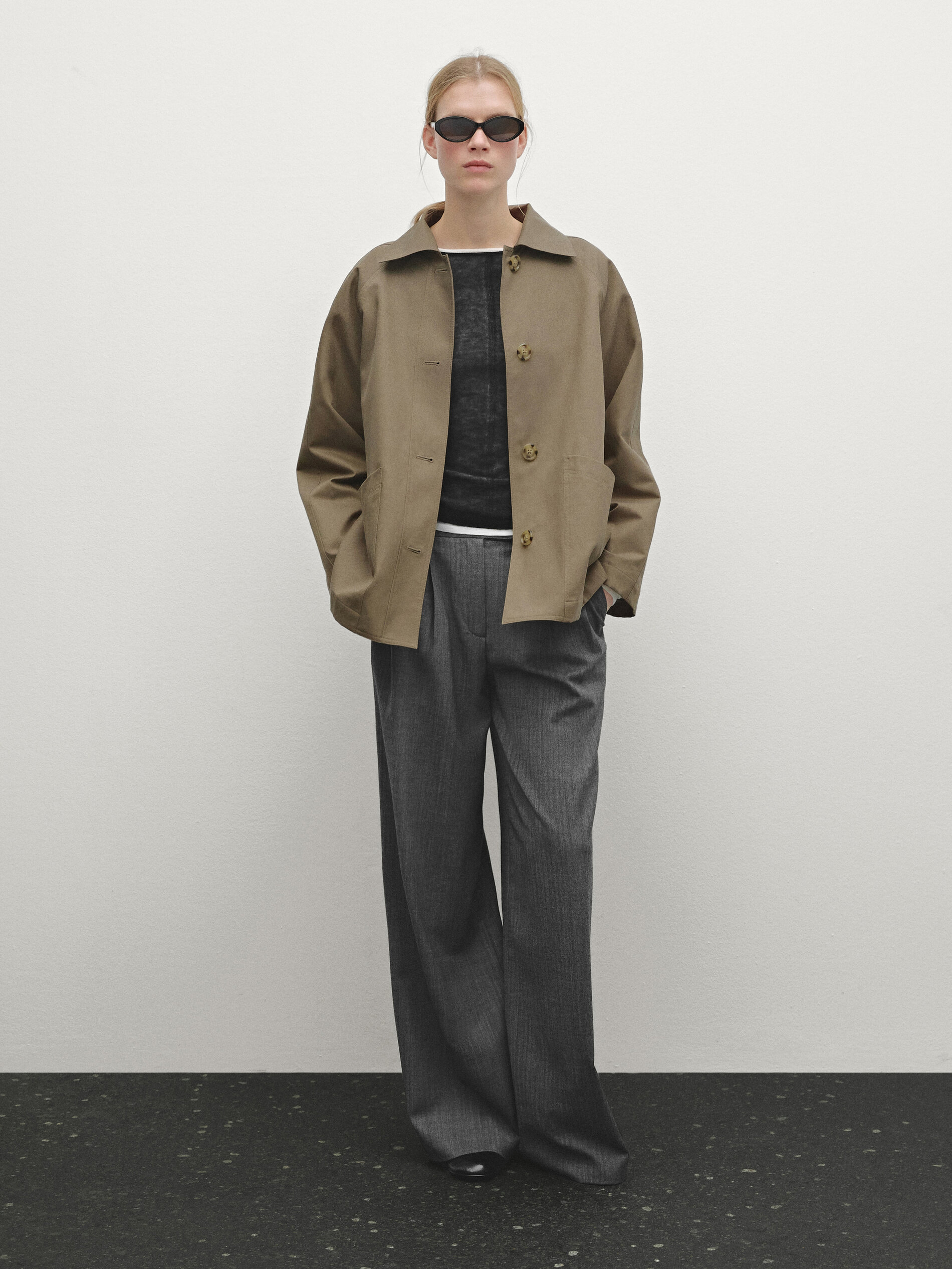 Veste Poches Déperlante - Vert Gris - Xs - Massimo Dutti - Femme