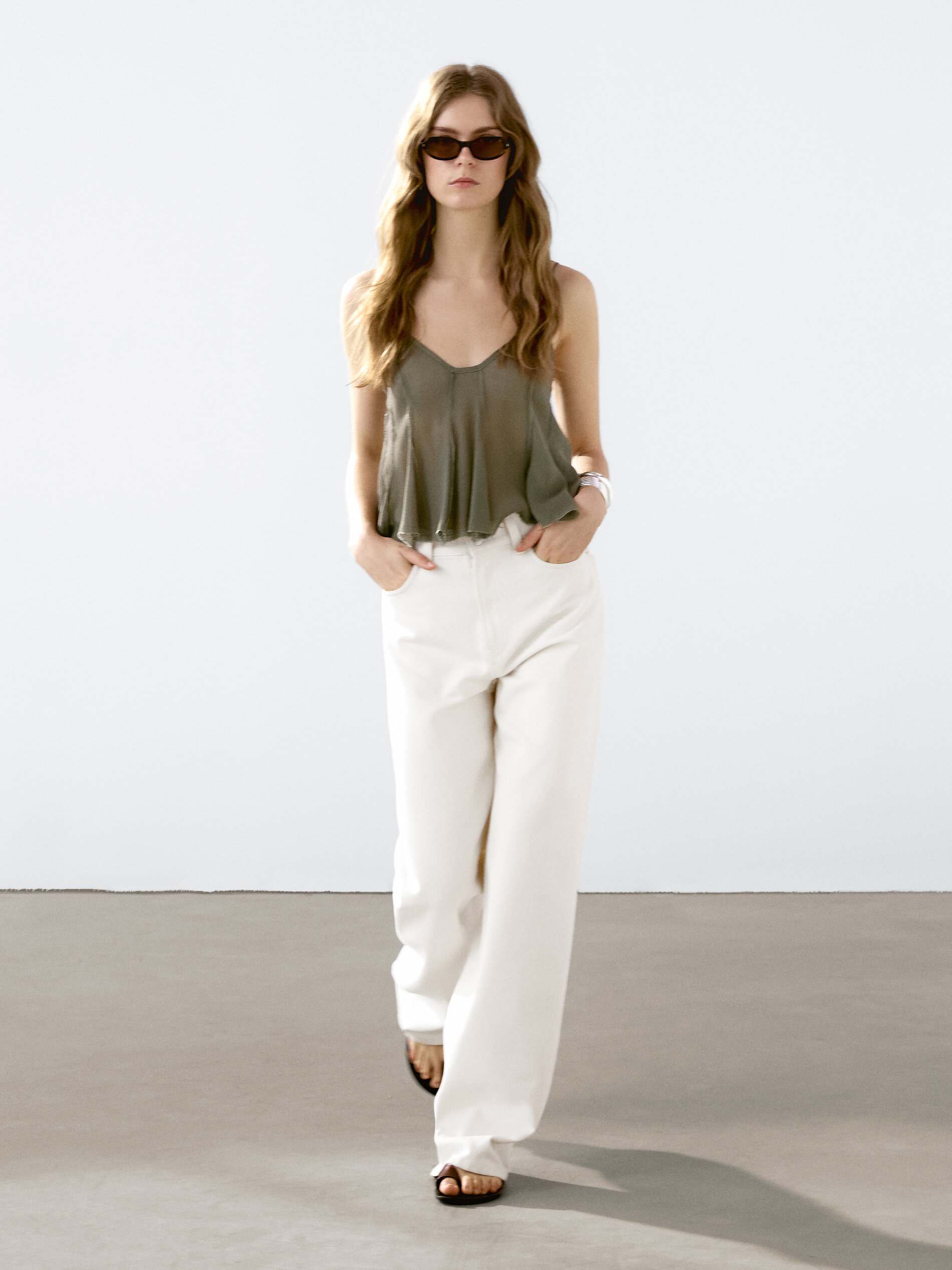 Top Bretelles Fluide Évasé - Marron Taupe - L - Massimo Dutti - Femme