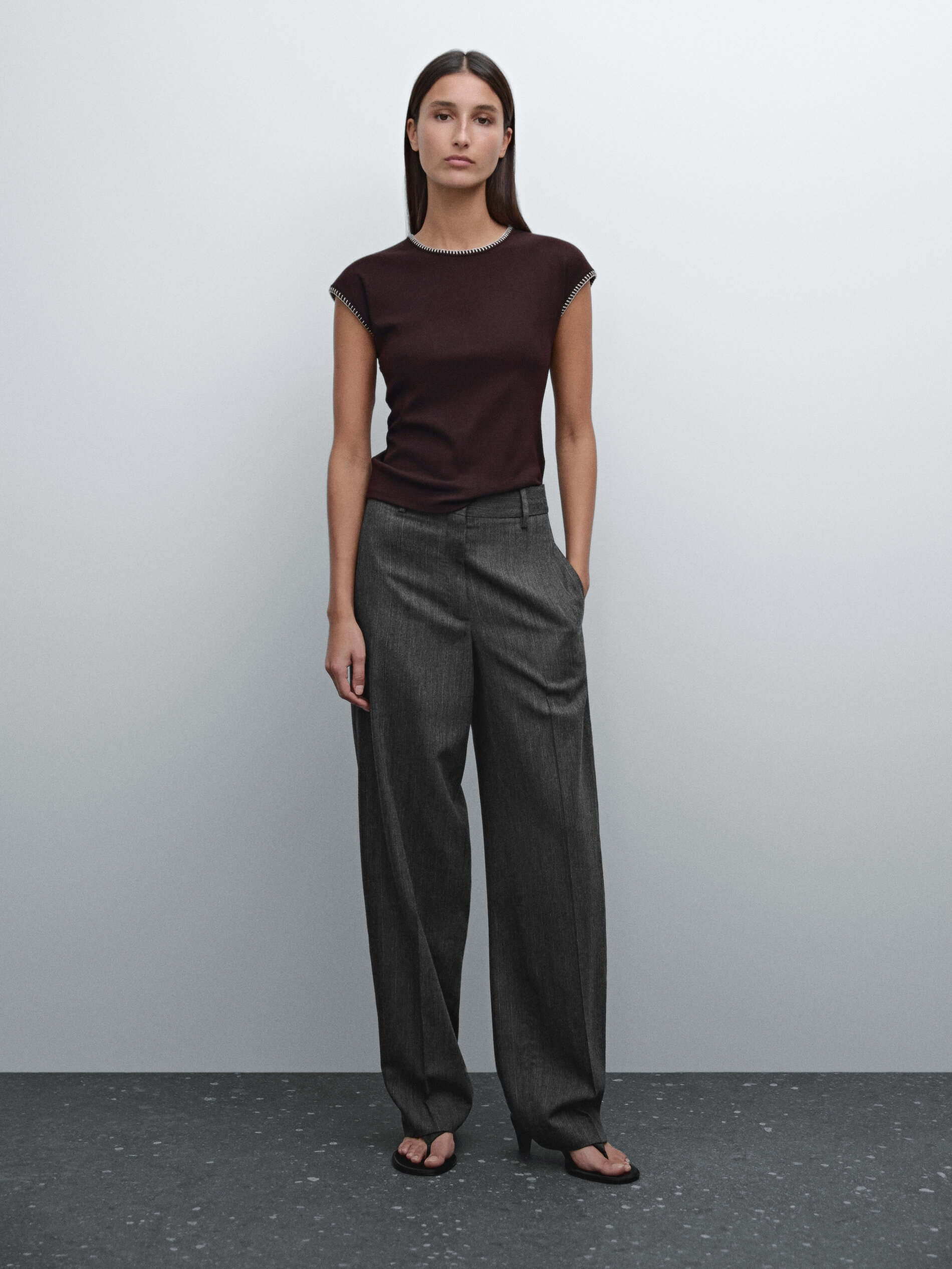 T-Shirt Détail Contrastant - Marron - L - Massimo Dutti - Femme