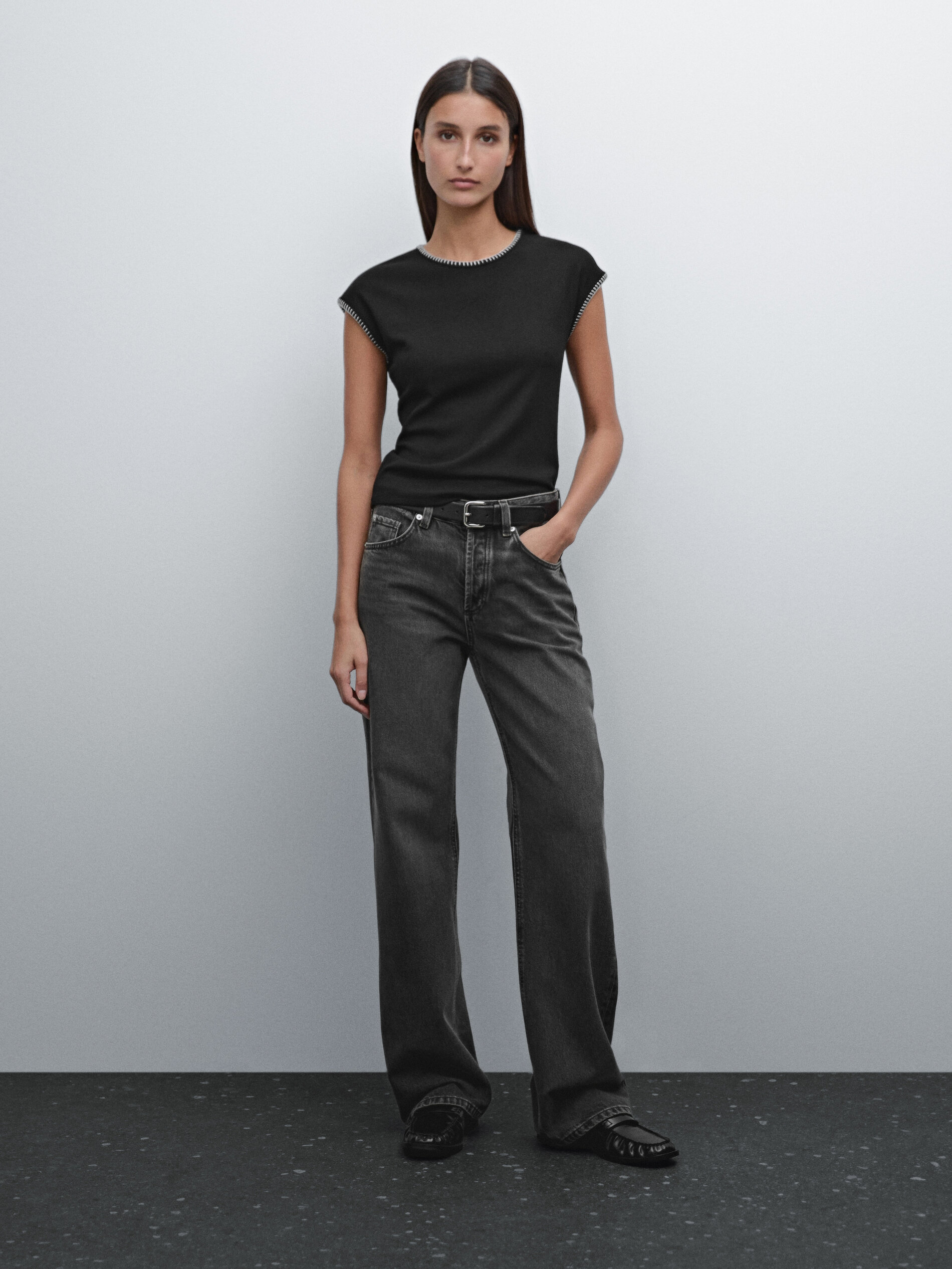 T-Shirt Détail Contrastant - Noir - Xs - Massimo Dutti - Femme