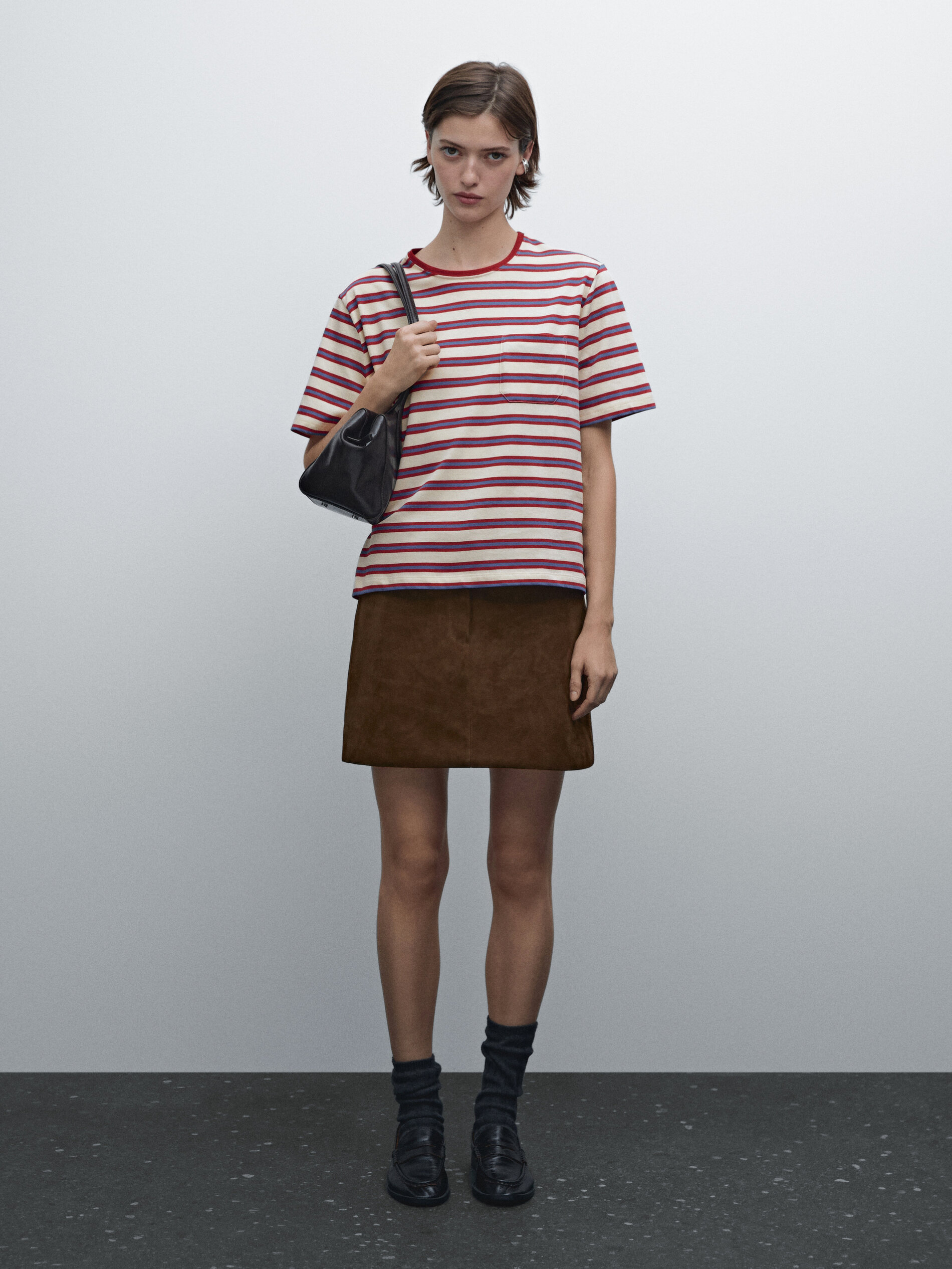 T-Shirt Multirayures Poche Coton - Combiné - S - Massimo Dutti - Femme