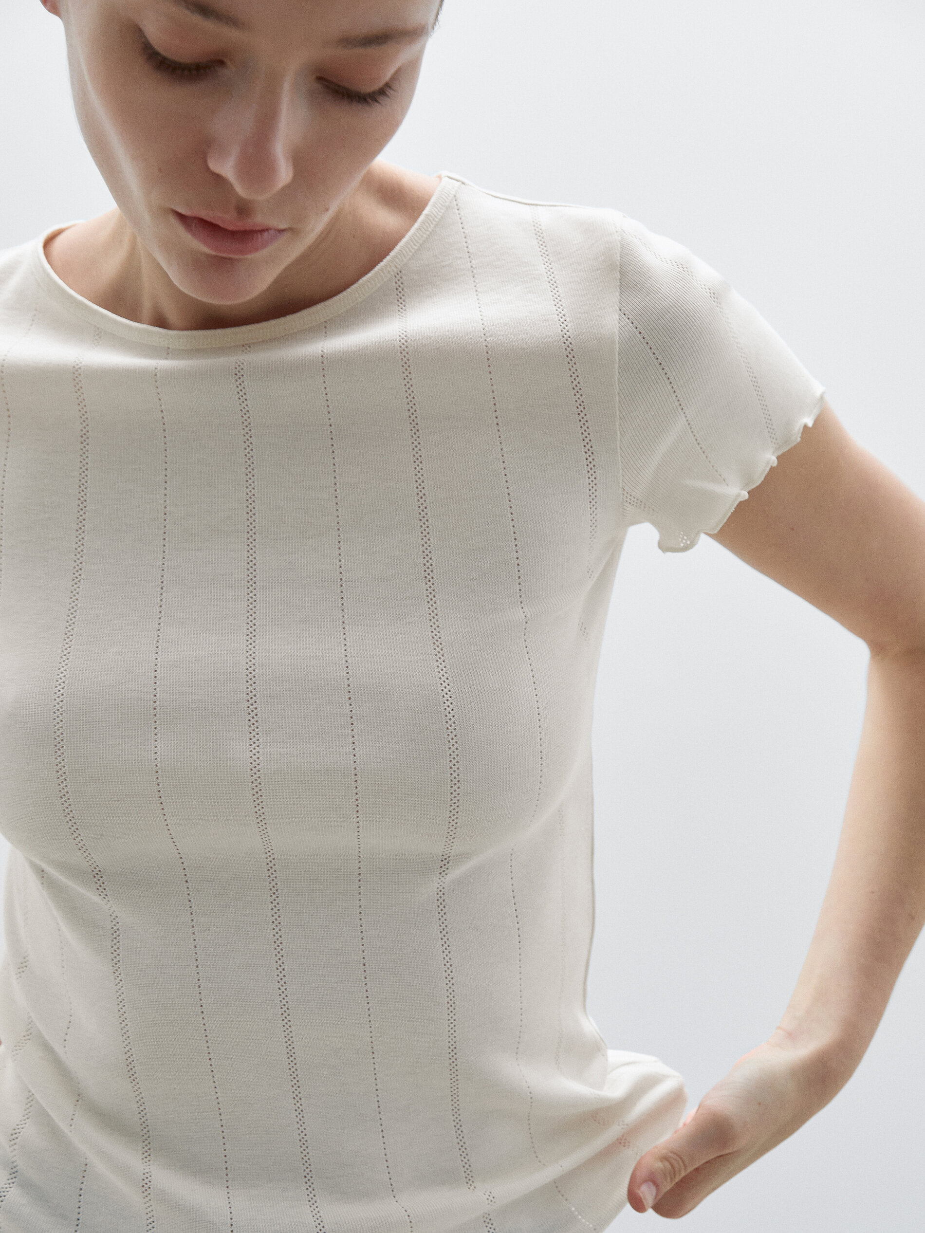 T-Shirt Pointelle Bord-Côte Ondulé En Coton - Cru - Xs - Massimo Dutti - Femme