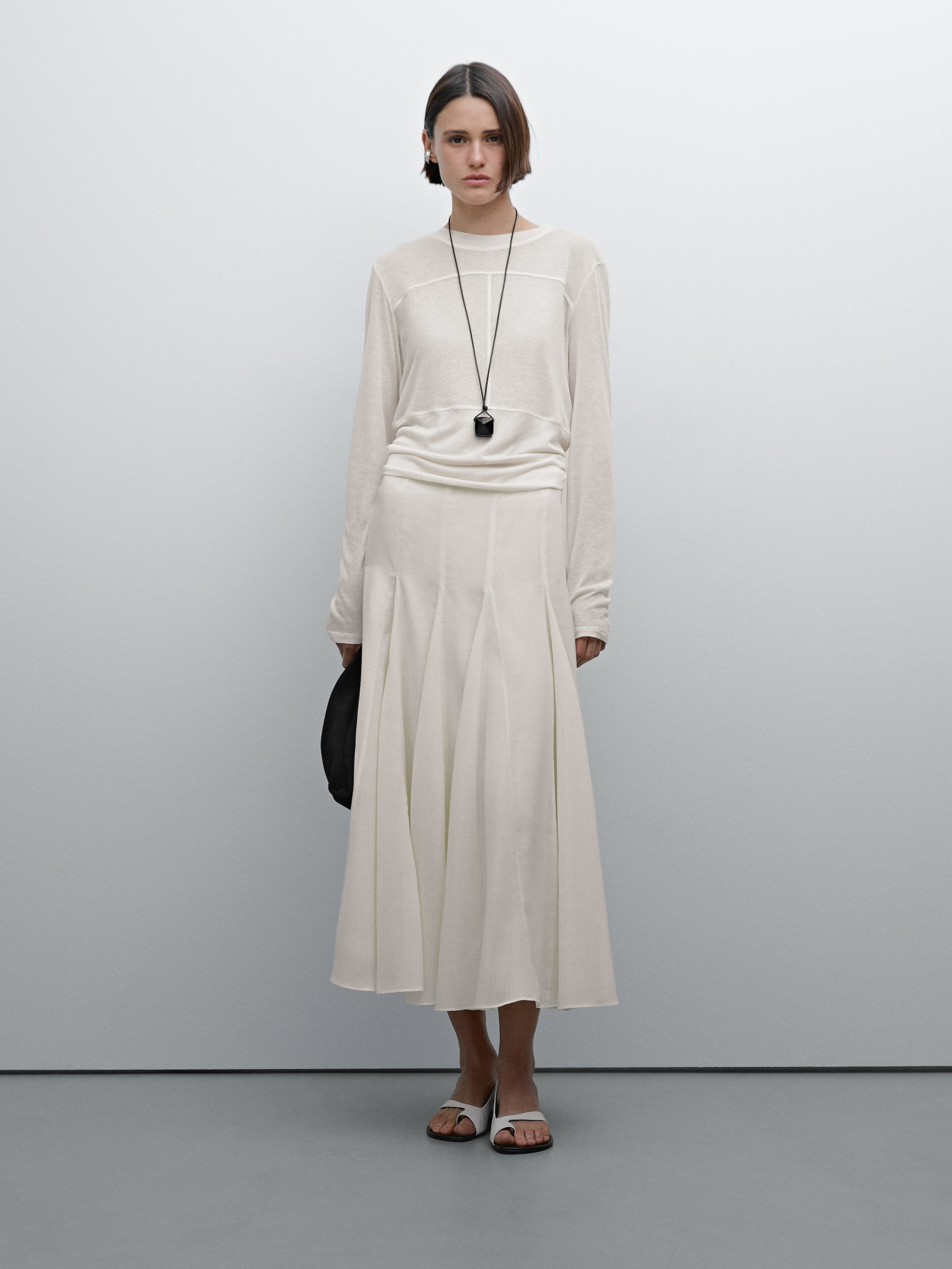 Jupe Midi Ample En Laine Mélangée - Studio - Cru - L - Massimo Dutti - Femme