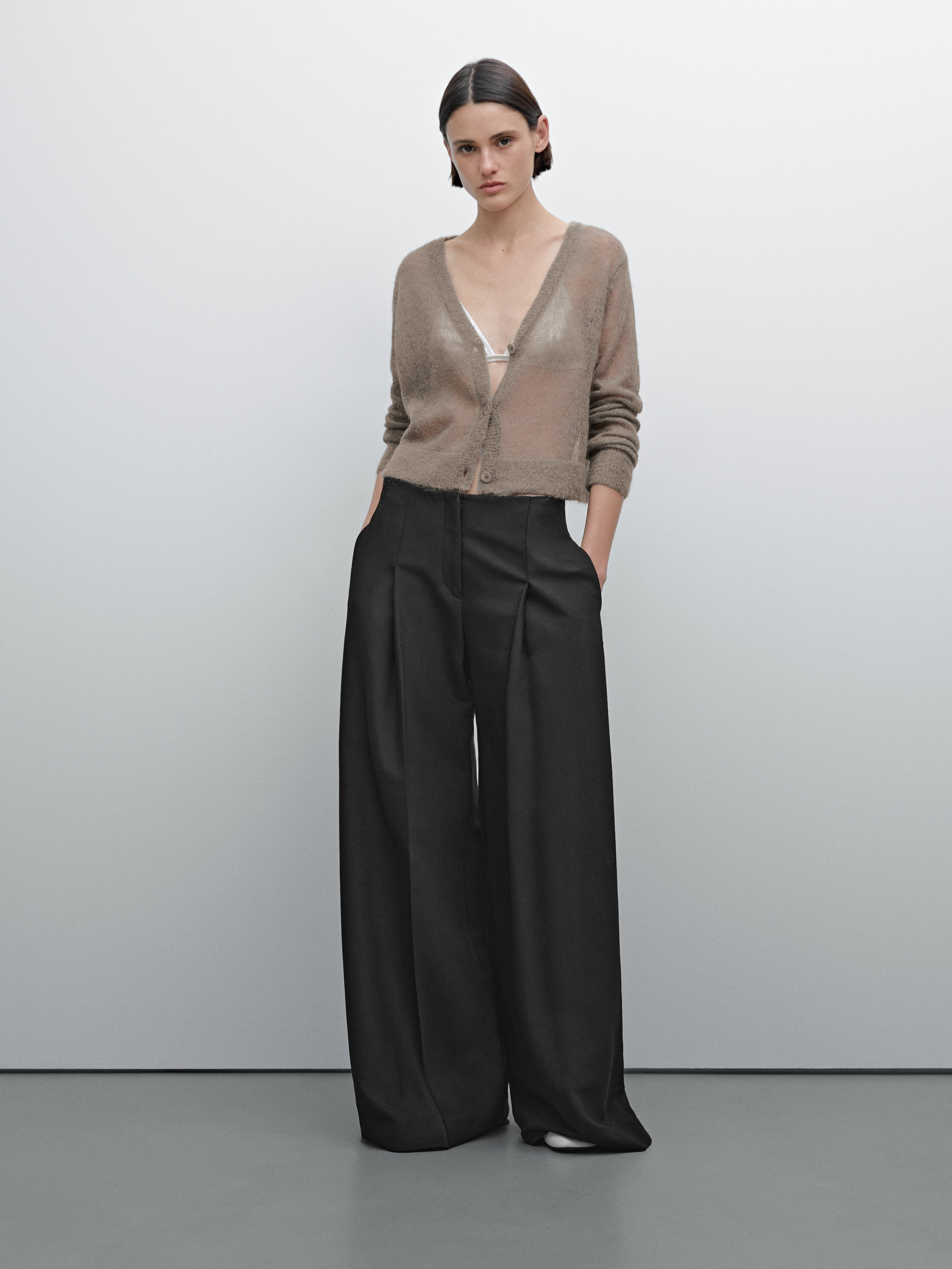Cardigan Court Ajouré - Studio - Marron Taupe - S - Massimo Dutti - Femme
