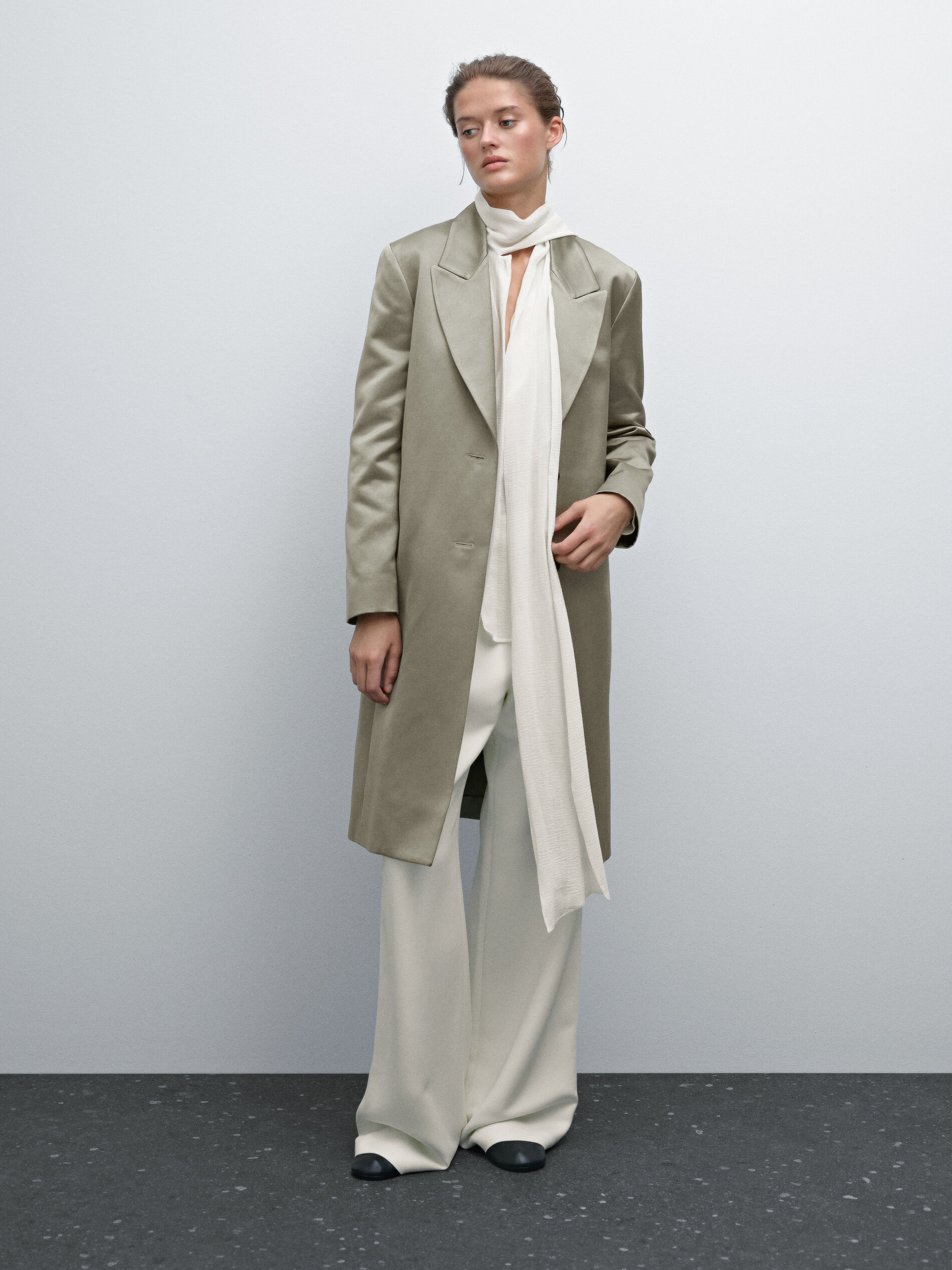 Manteau Long Satiné - Studio - Vert Clair - S - Massimo Dutti - Femme