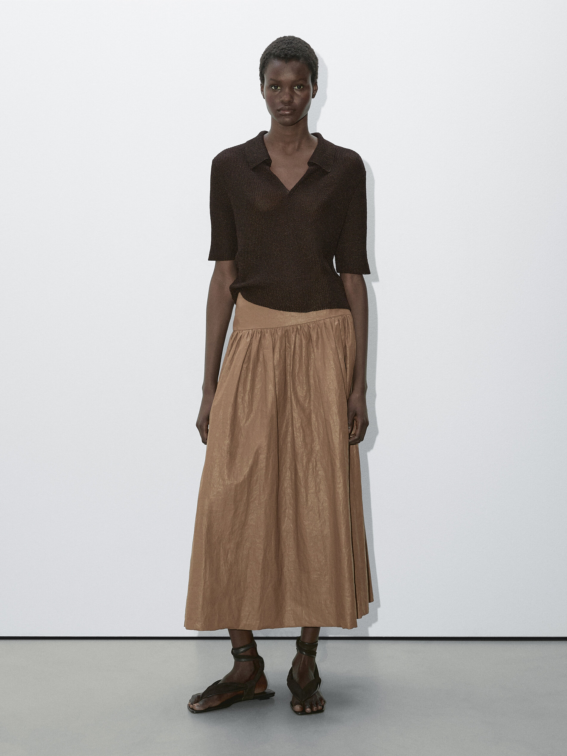 Polo En Maille À Manches Courtes - Studio - Chocolat - S - Massimo Dutti - Femme