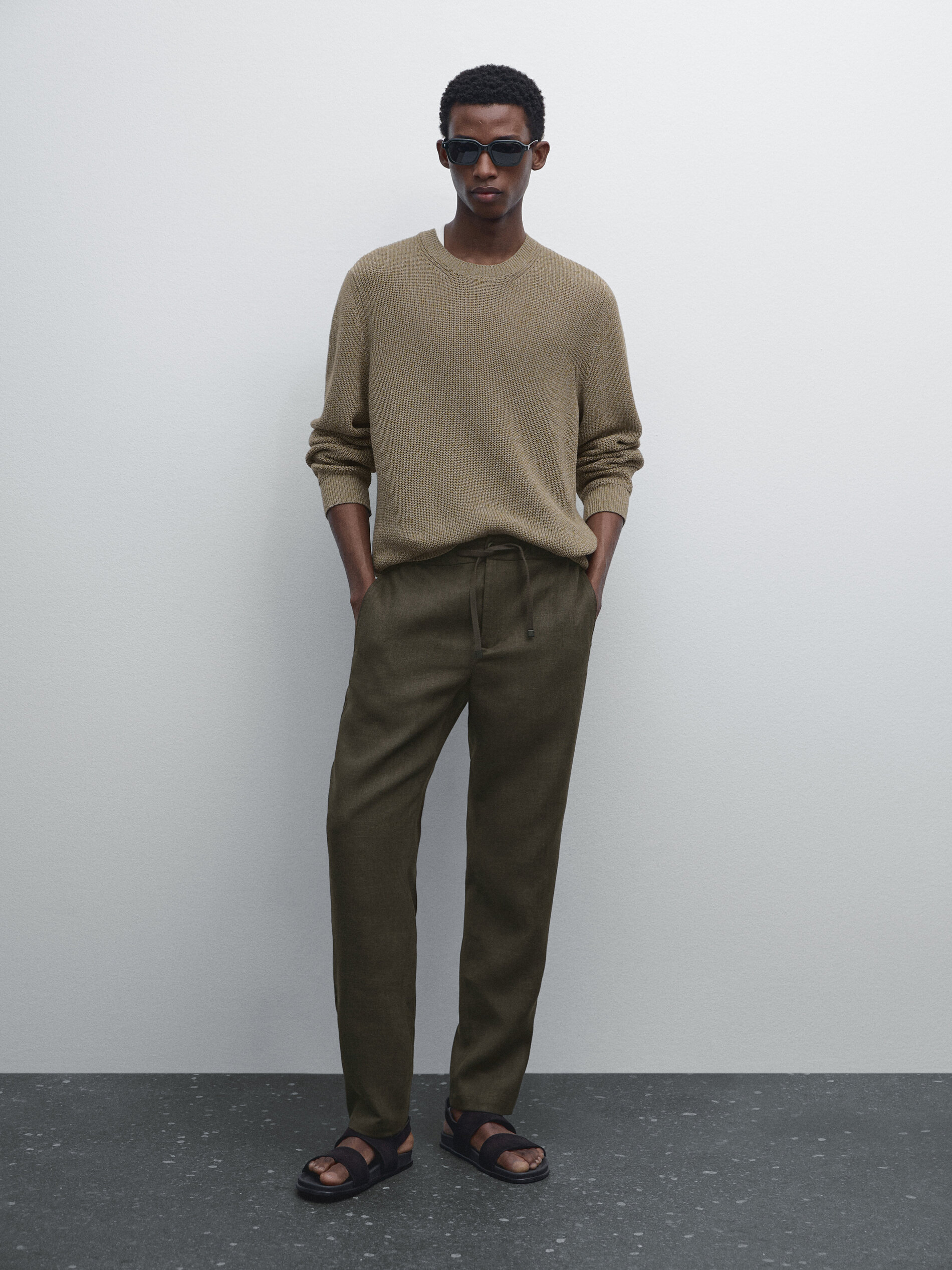 Pantalon Jogging 100 % Lin - Vert Foncé - Xl - Massimo Dutti - Homme