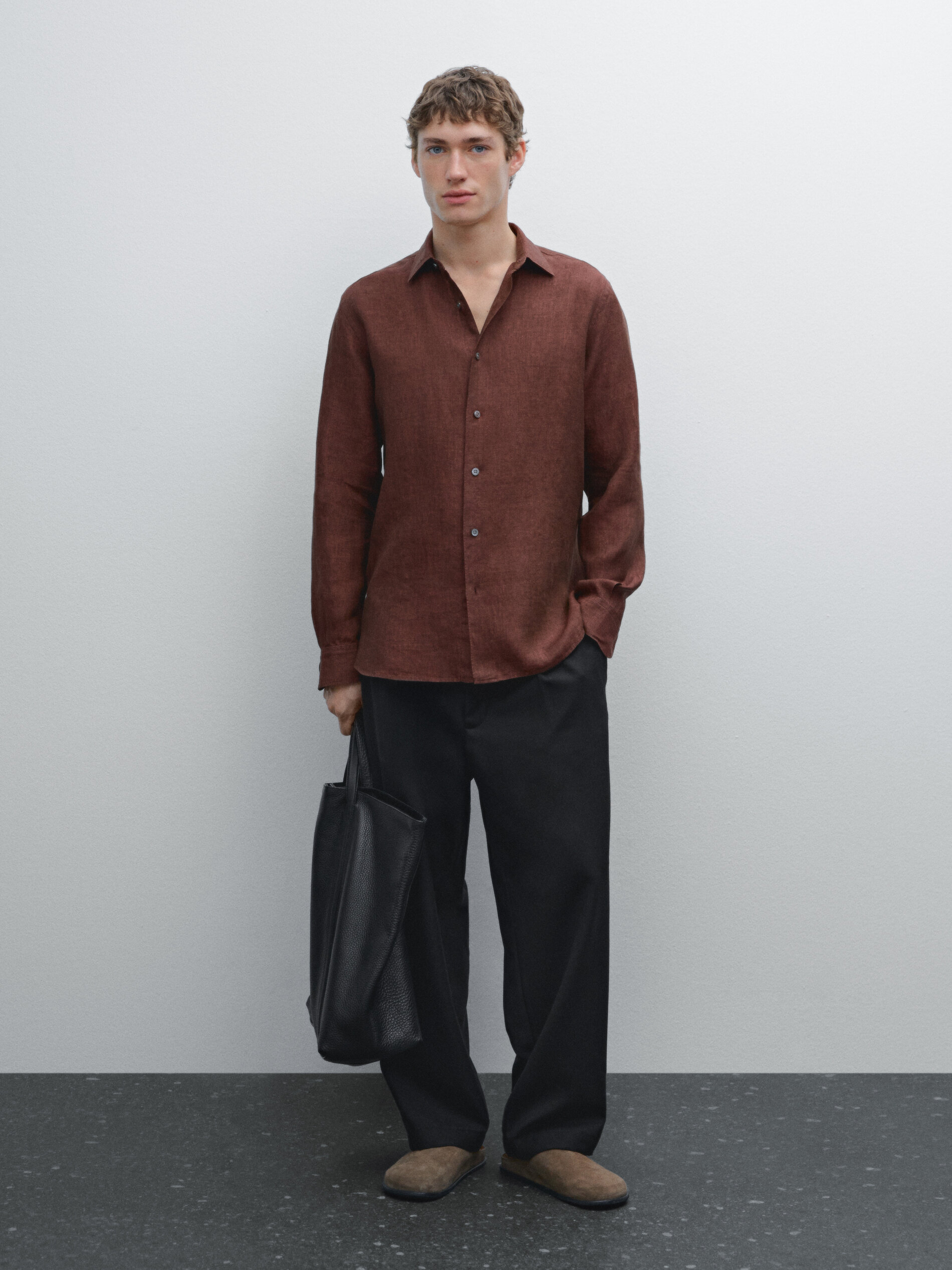 Chemise Délavée Slim 100 % Lin - Bordeaux - Xl - Massimo Dutti - Homme