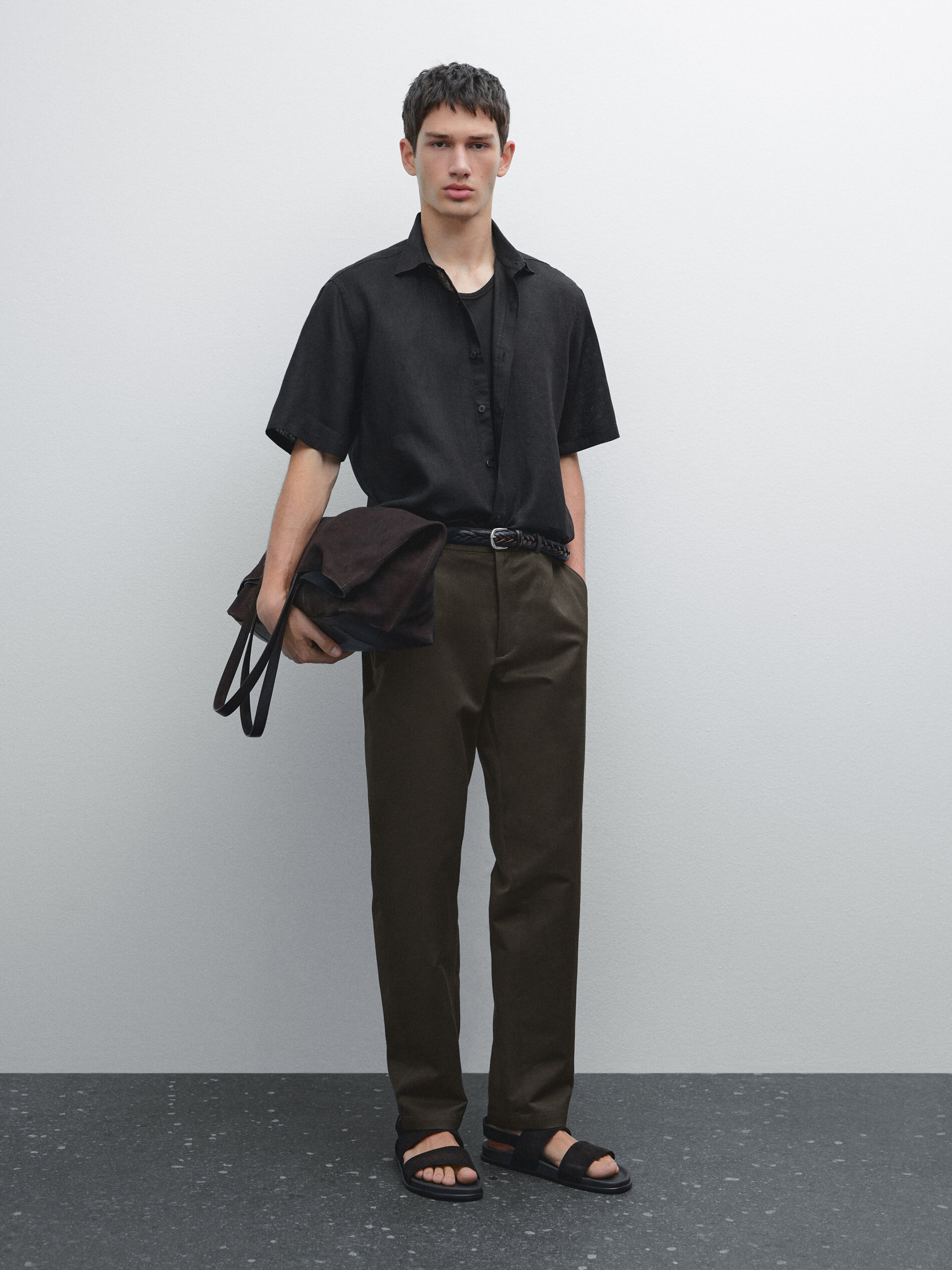Chemise Manches Courtes Regular Fit Lin - Noir - L - Massimo Dutti - Homme