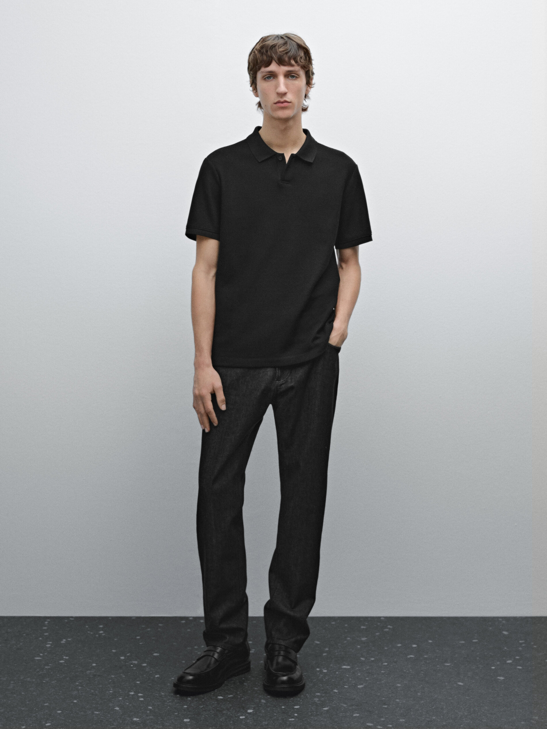 Polo Texturé En Coton À Col En V - Noir - Xl - Massimo Dutti - Homme