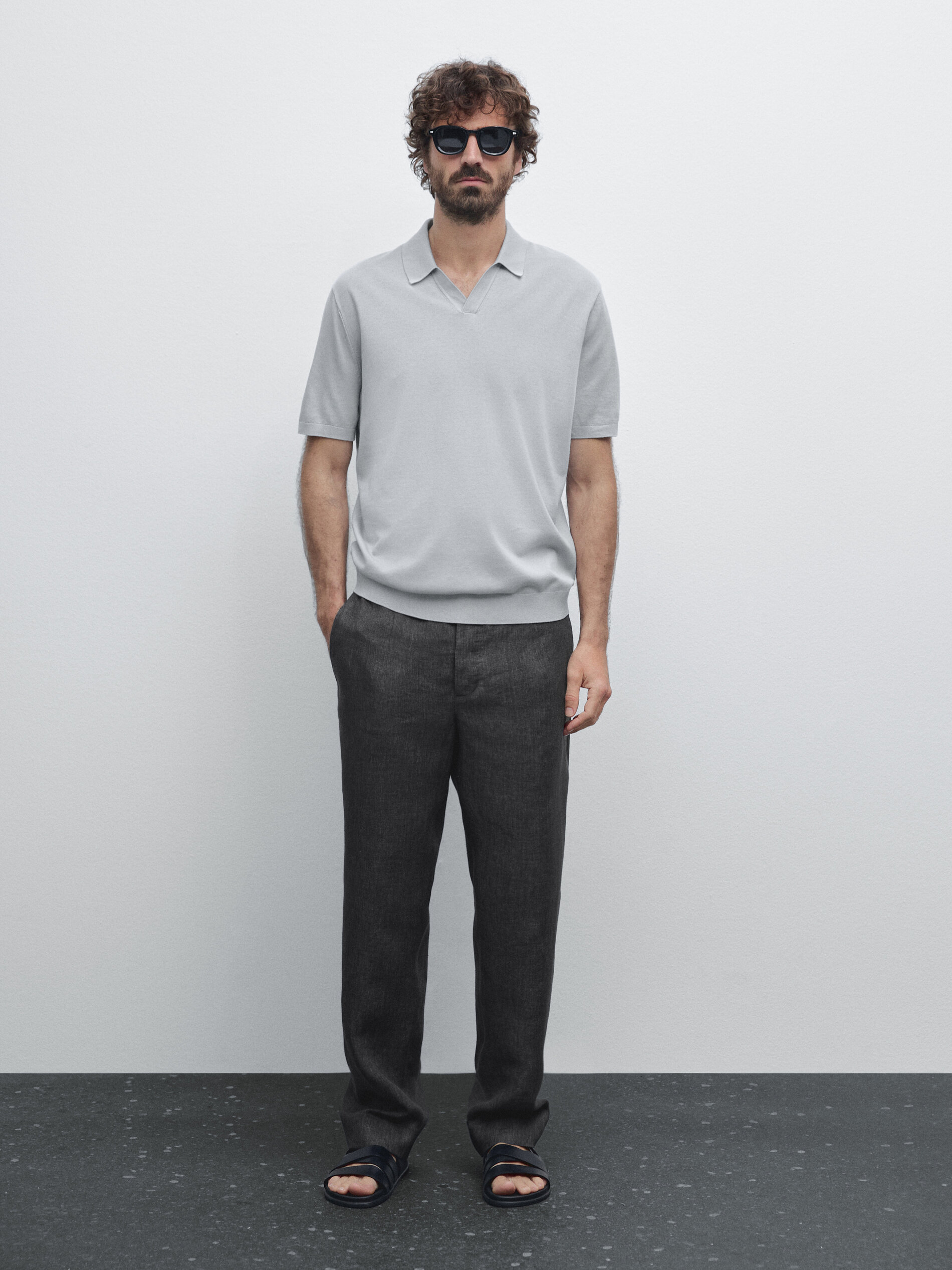 Polo En Maille De Coton À Manches Courtes - Bleu Gris - Xl - Massimo Dutti - Homme
