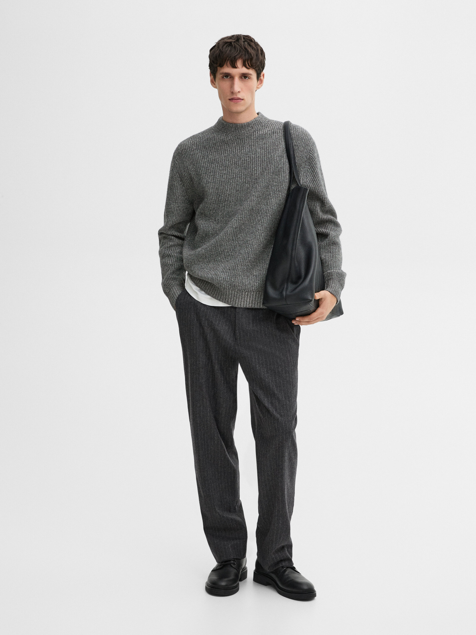 Pull En Maille Côtelée De Laine Mélangée - Gris Anthracite - Xl - Massimo Dutti - Homme