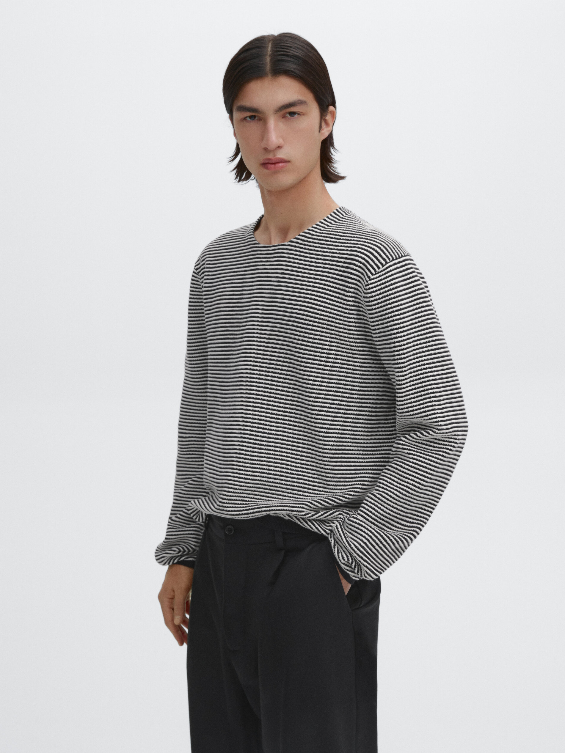 Pull En Maille À Rayures 100 % Coton - Bleu Marine - M - Massimo Dutti - Homme