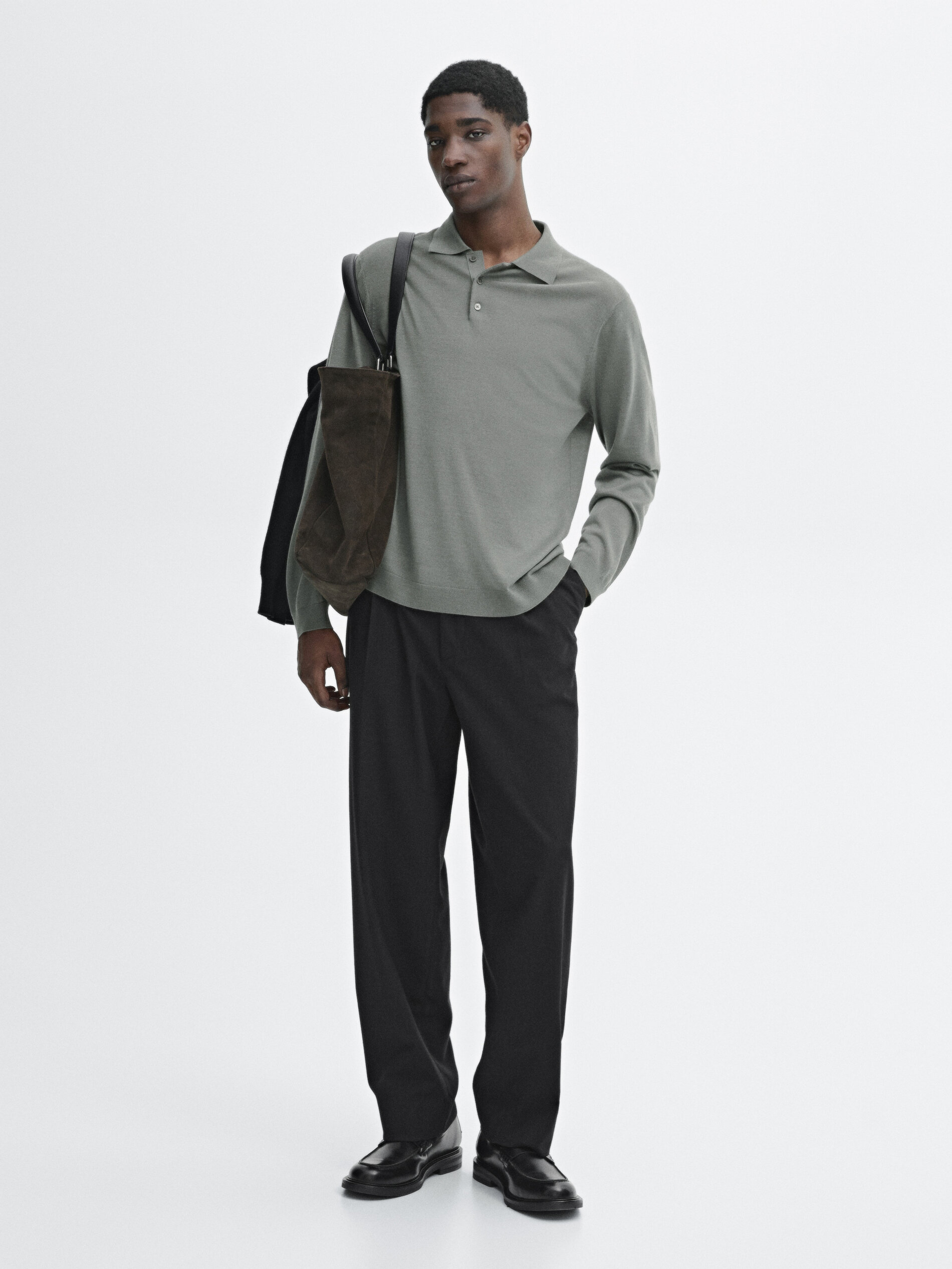 Pull En Maille À Col Polo 100 % Laine Mérinos - Vert Gris - S - Massimo Dutti - Homme