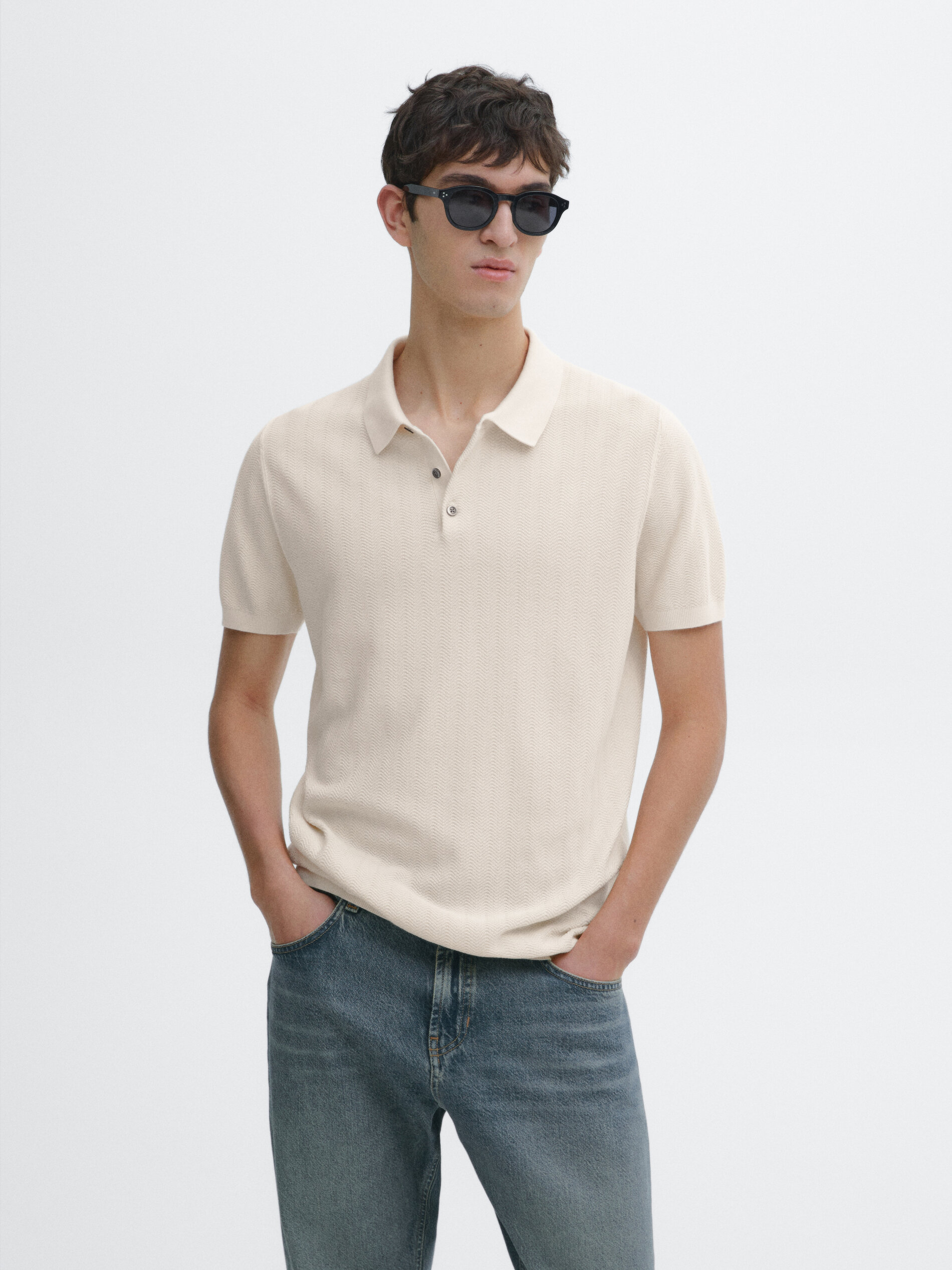 Pull Polo À Chevrons En Maille De Coton - Beige - Xxl - Massimo Dutti - Homme