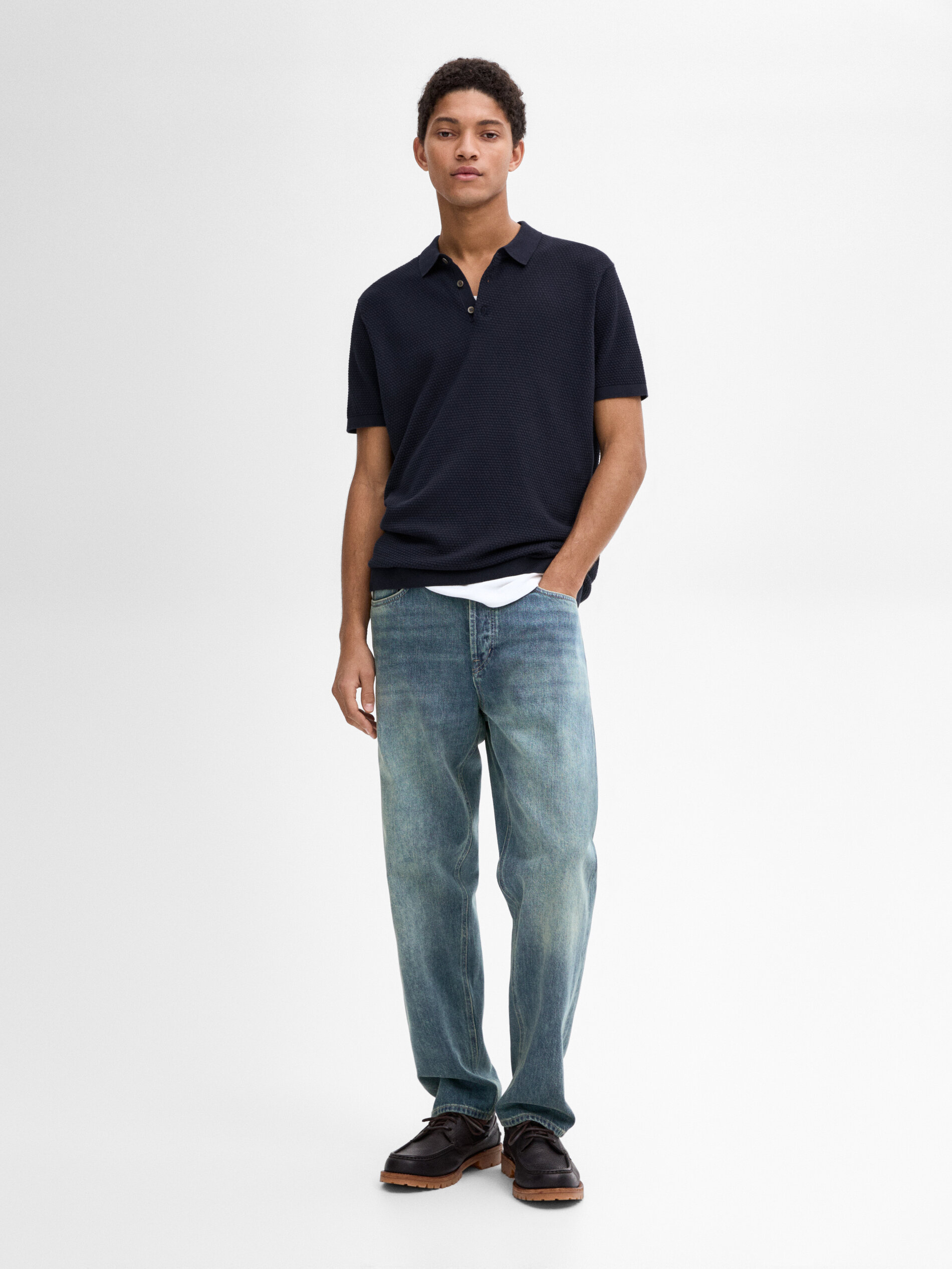 Pull Polo En Maille 100 % Coton - Bleu Marine - M - Massimo Dutti - Homme