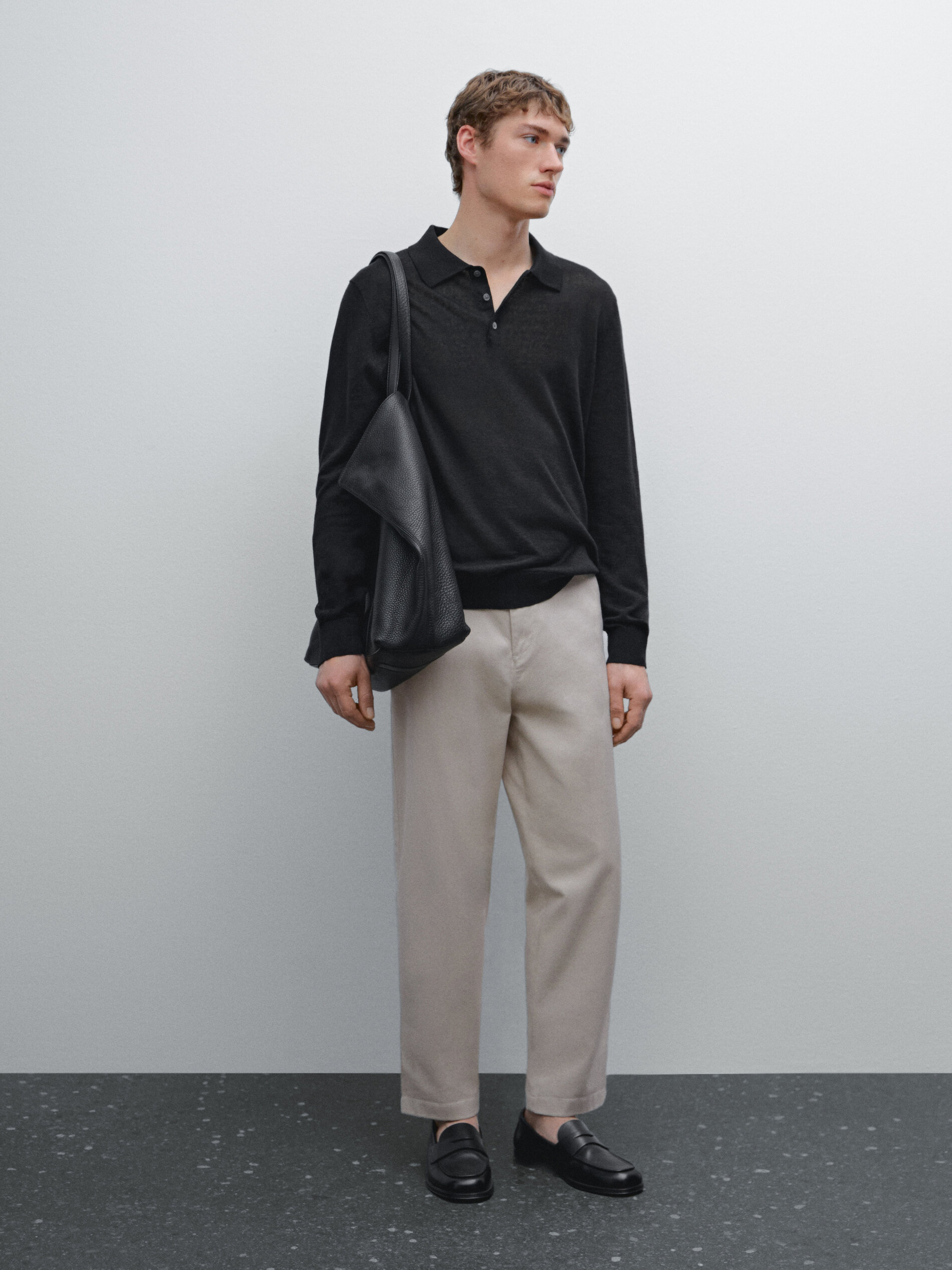 Pull En Maille De Lin À Col Polo - Noir - S - Massimo Dutti - Homme
