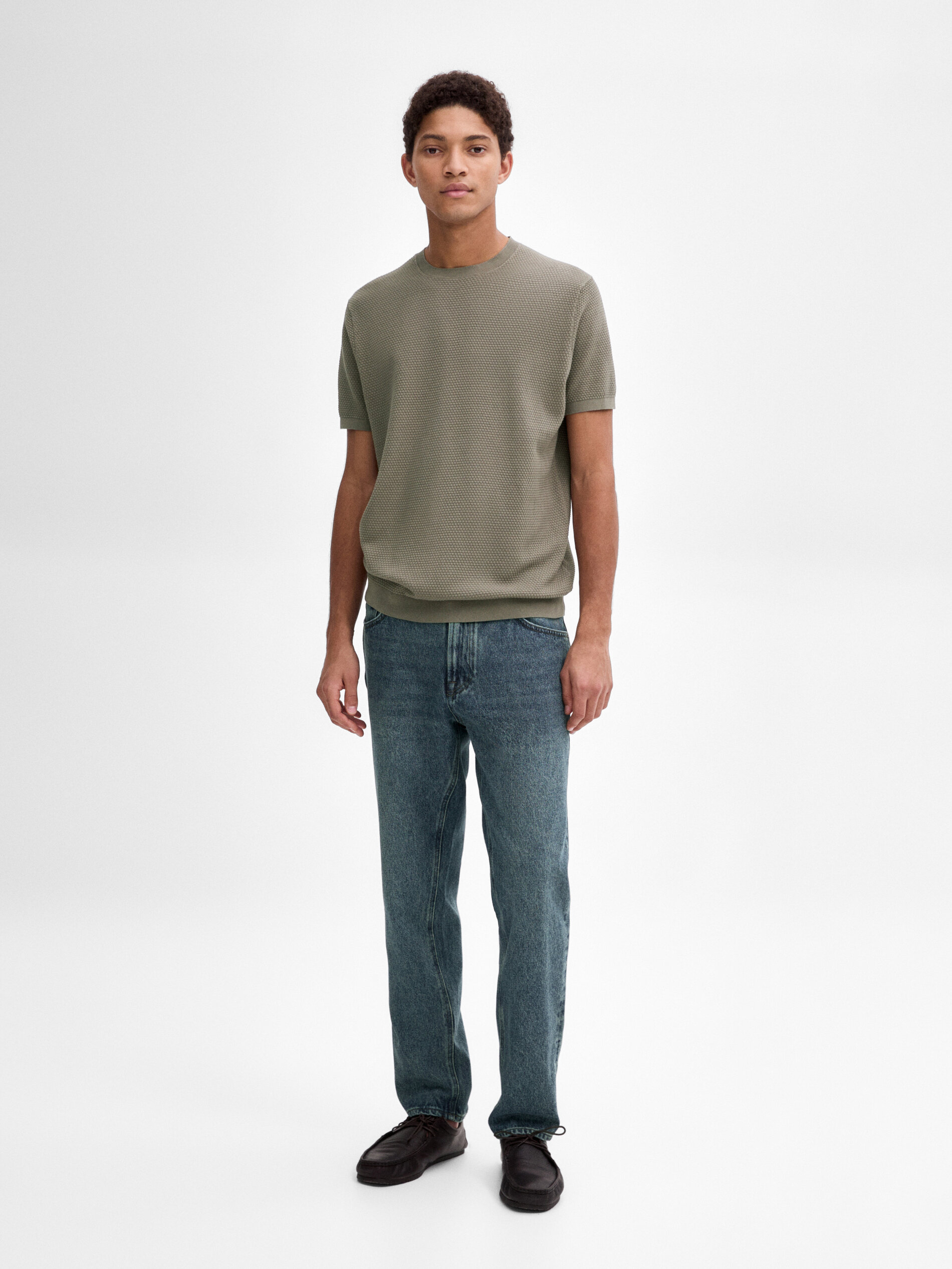 T-Shirt Texturé En Maille 100 % Coton - Gris Naturel - M - Massimo Dutti - Homme
