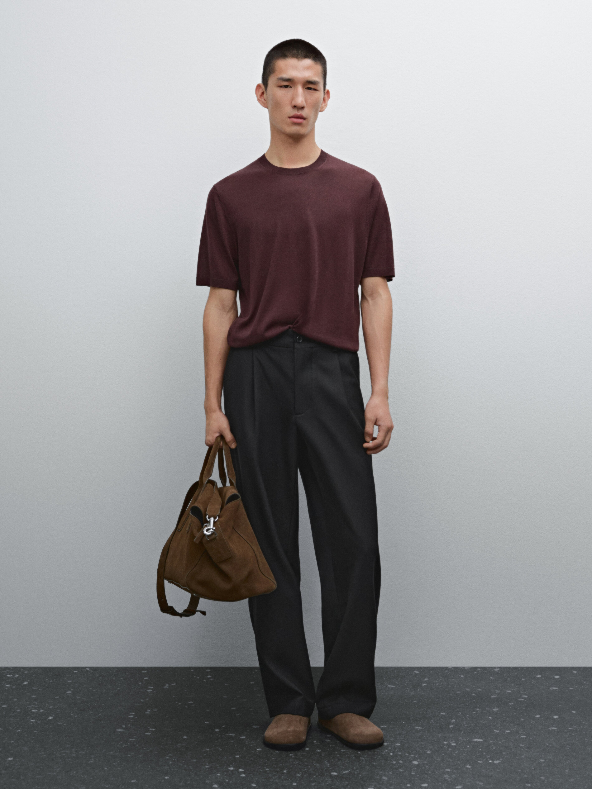 Pull En Maille Fine À Manches Courtes - Grenat Sombre - L - Massimo Dutti - Homme