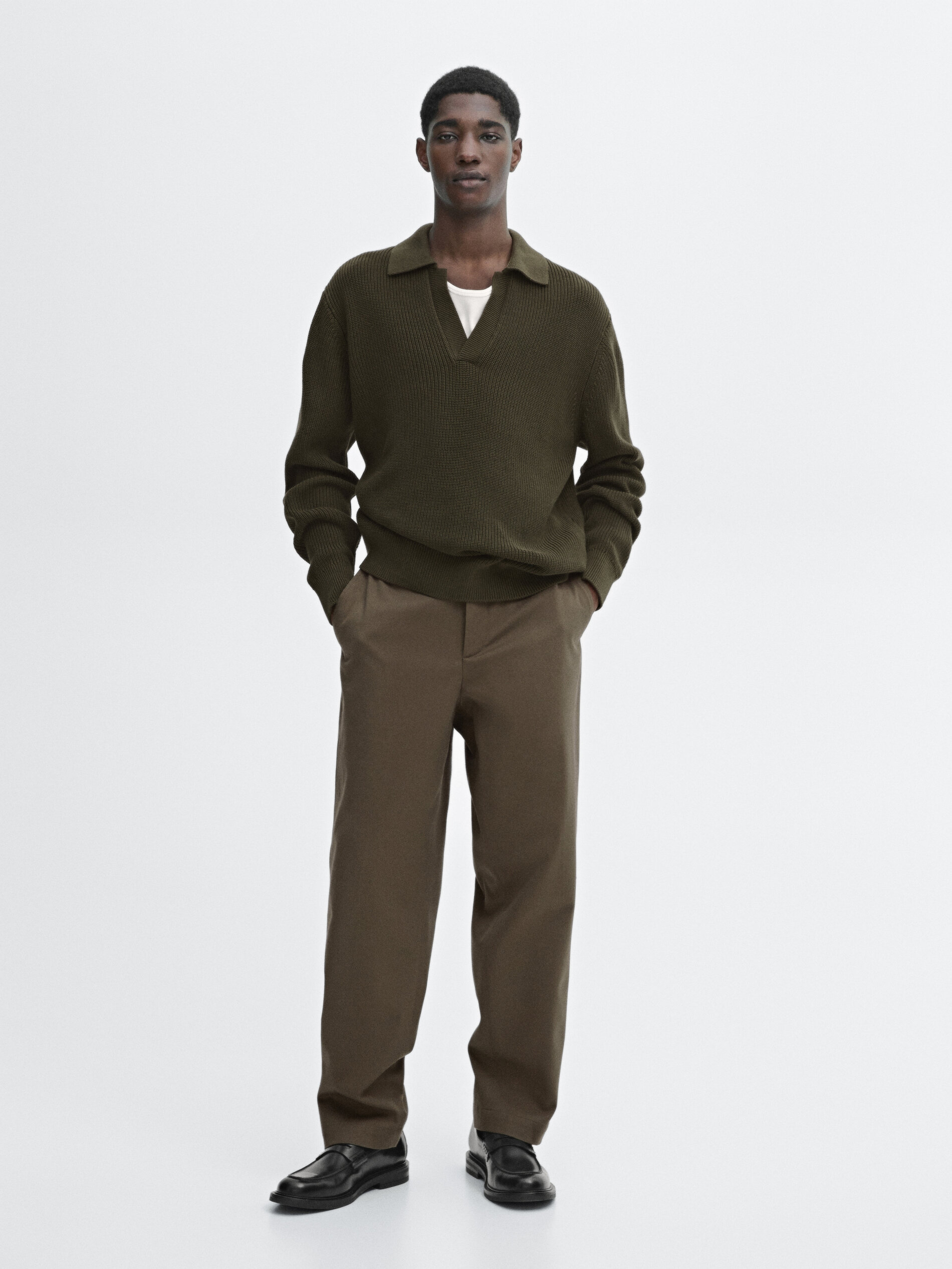 Pull En Maille Côtelée 100 % Coton - Kaki Sombre - Xl - Massimo Dutti - Homme