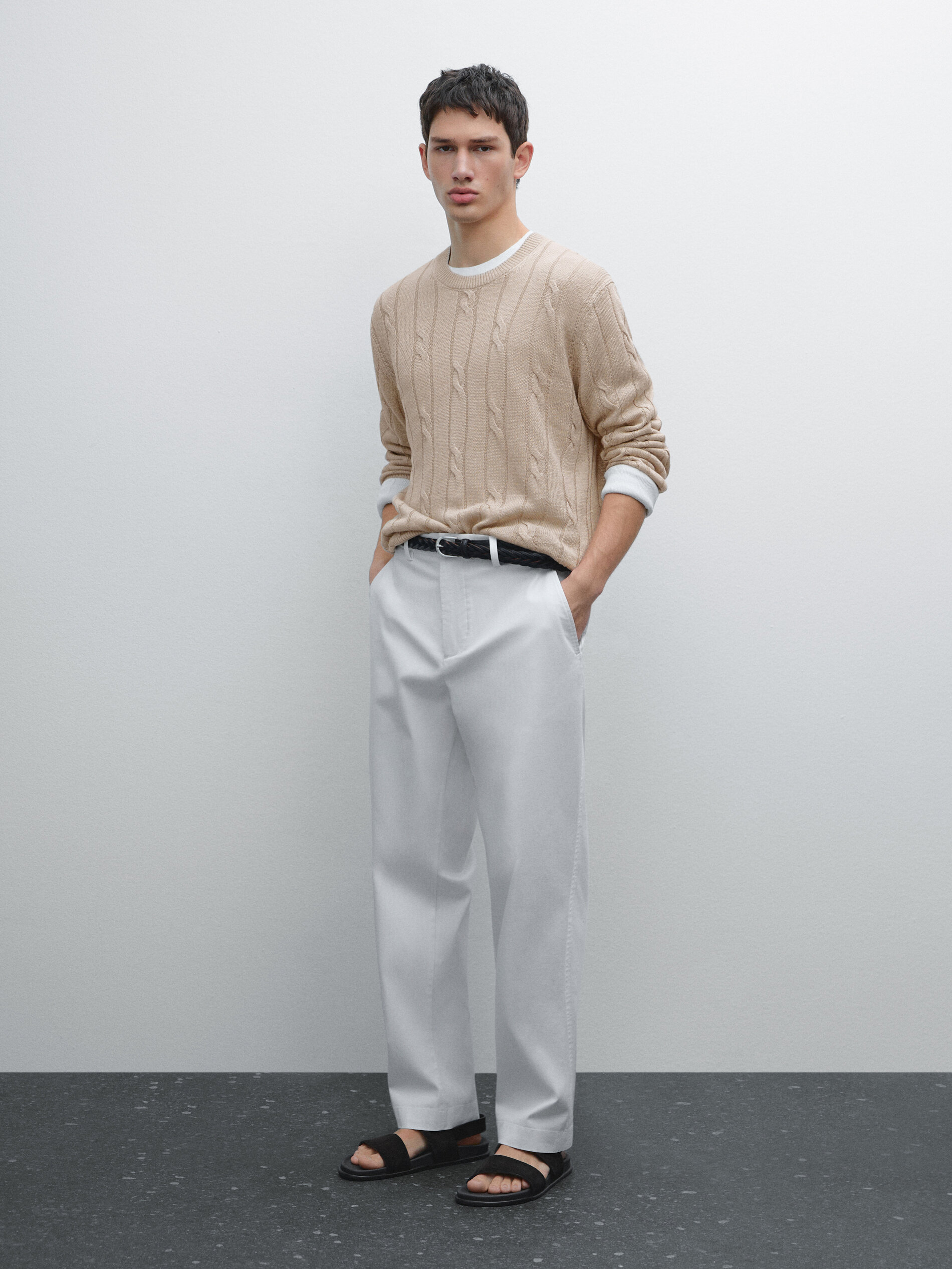 Pull En Maille Tressée 100 % Lin - Pierre - M - Massimo Dutti - Homme