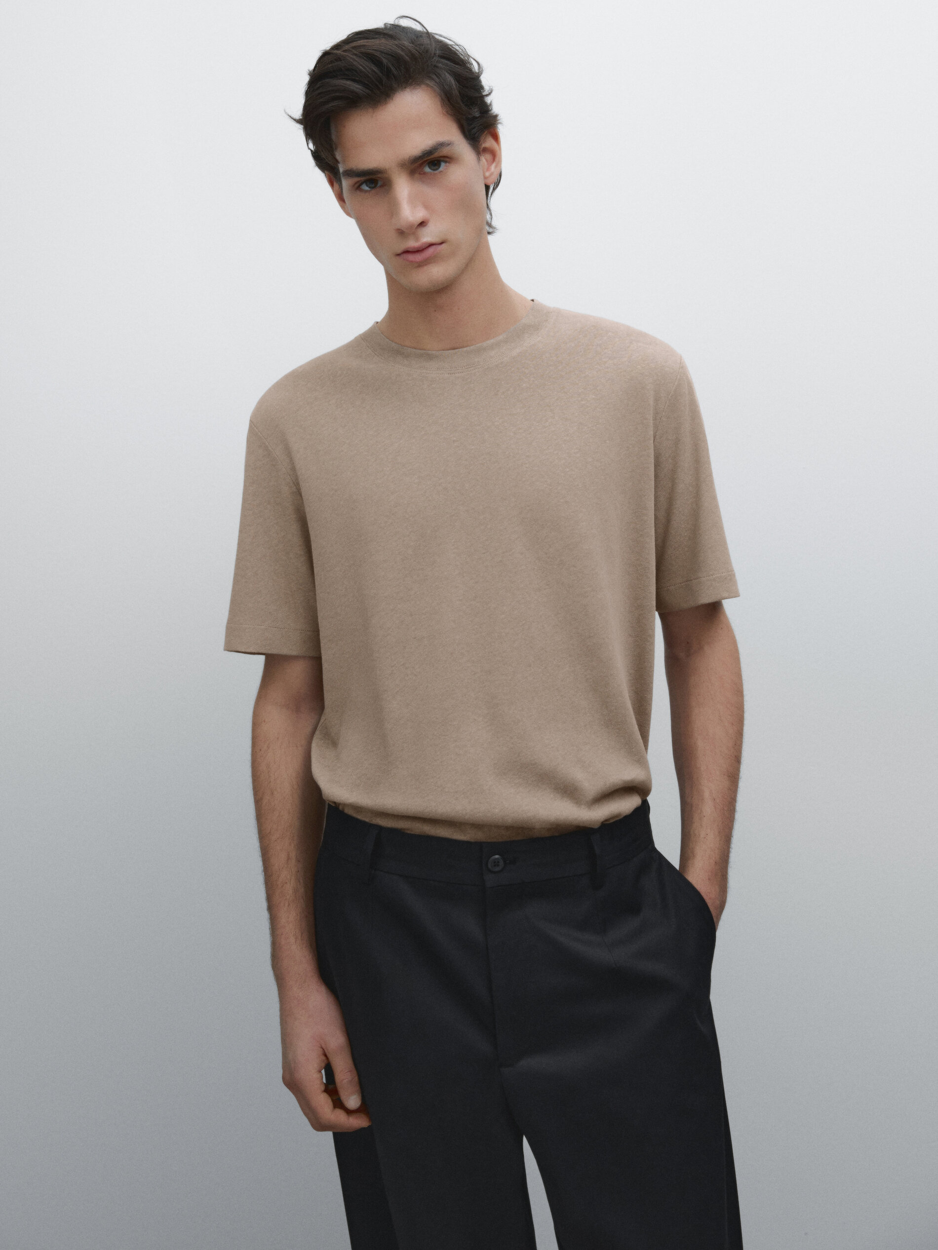 Short-Sleeved T-Shirt With Linen - Marron Taupe - L - Massimo Dutti - Homme