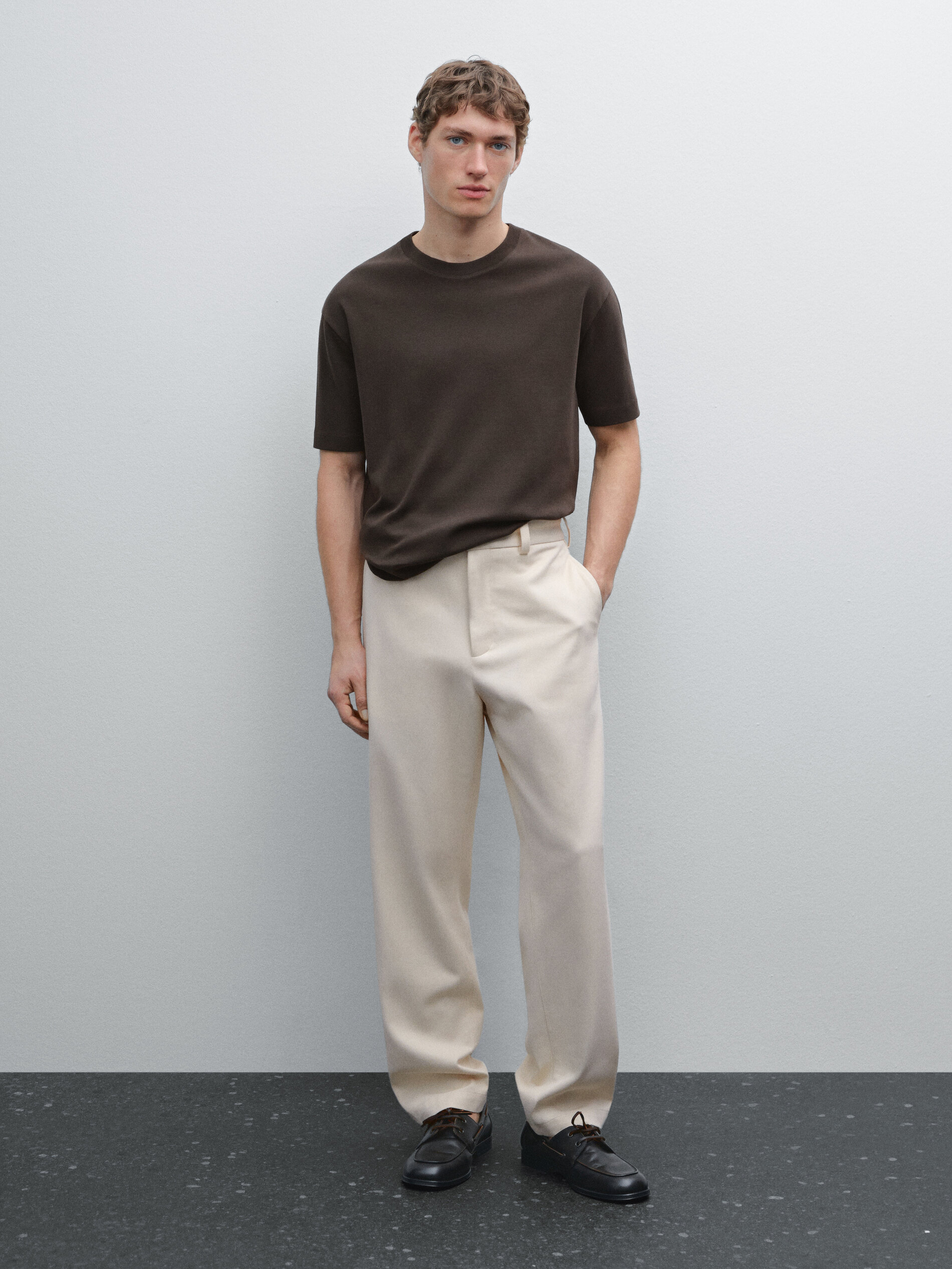T-Shirt Medium Weight 100 % Coton - Chocolat - Xl - Massimo Dutti - Homme