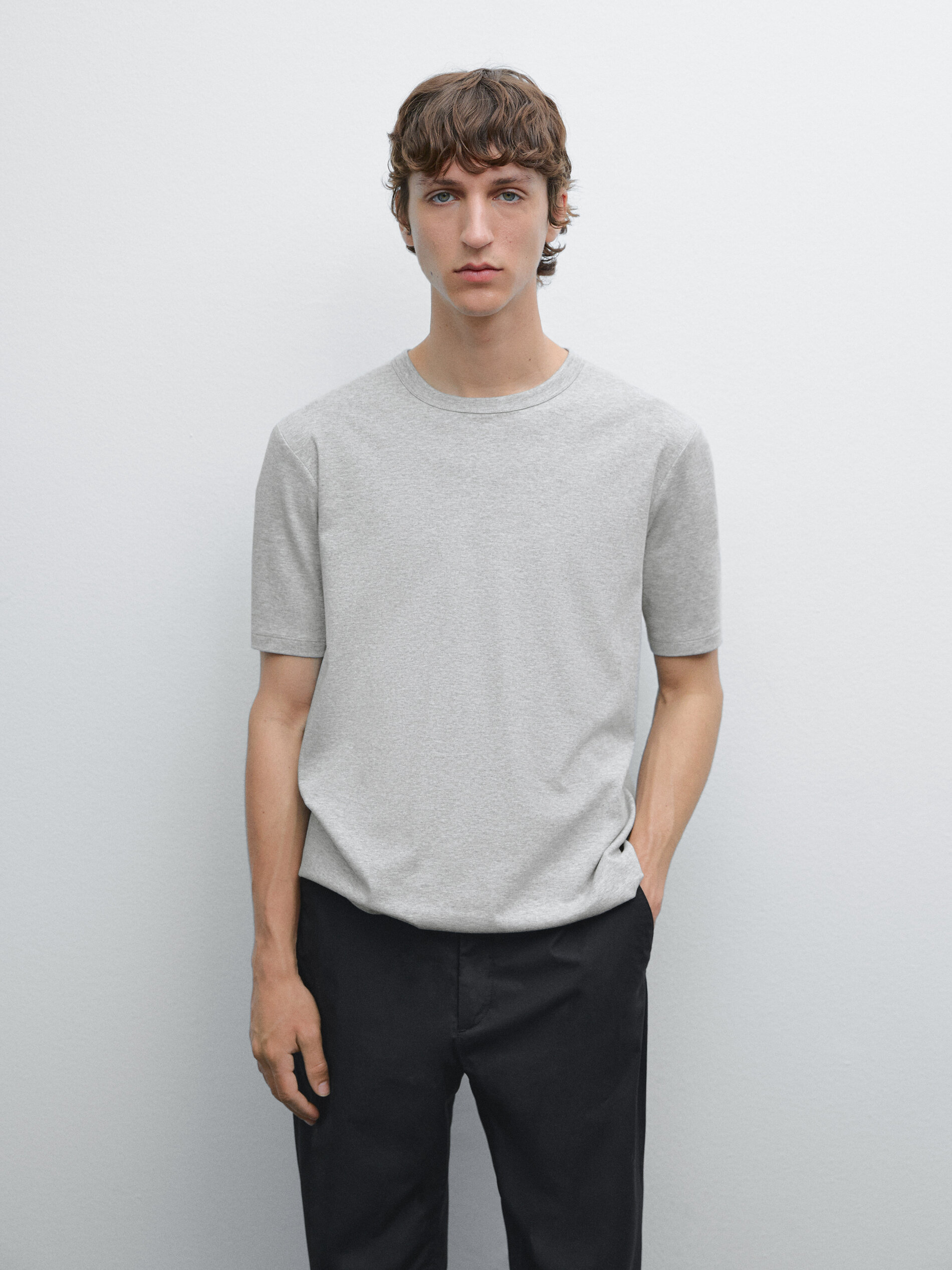 T-Shirt À Manches Courtes 100 % Coton - Gris Chiné - Xxl - Massimo Dutti - Homme