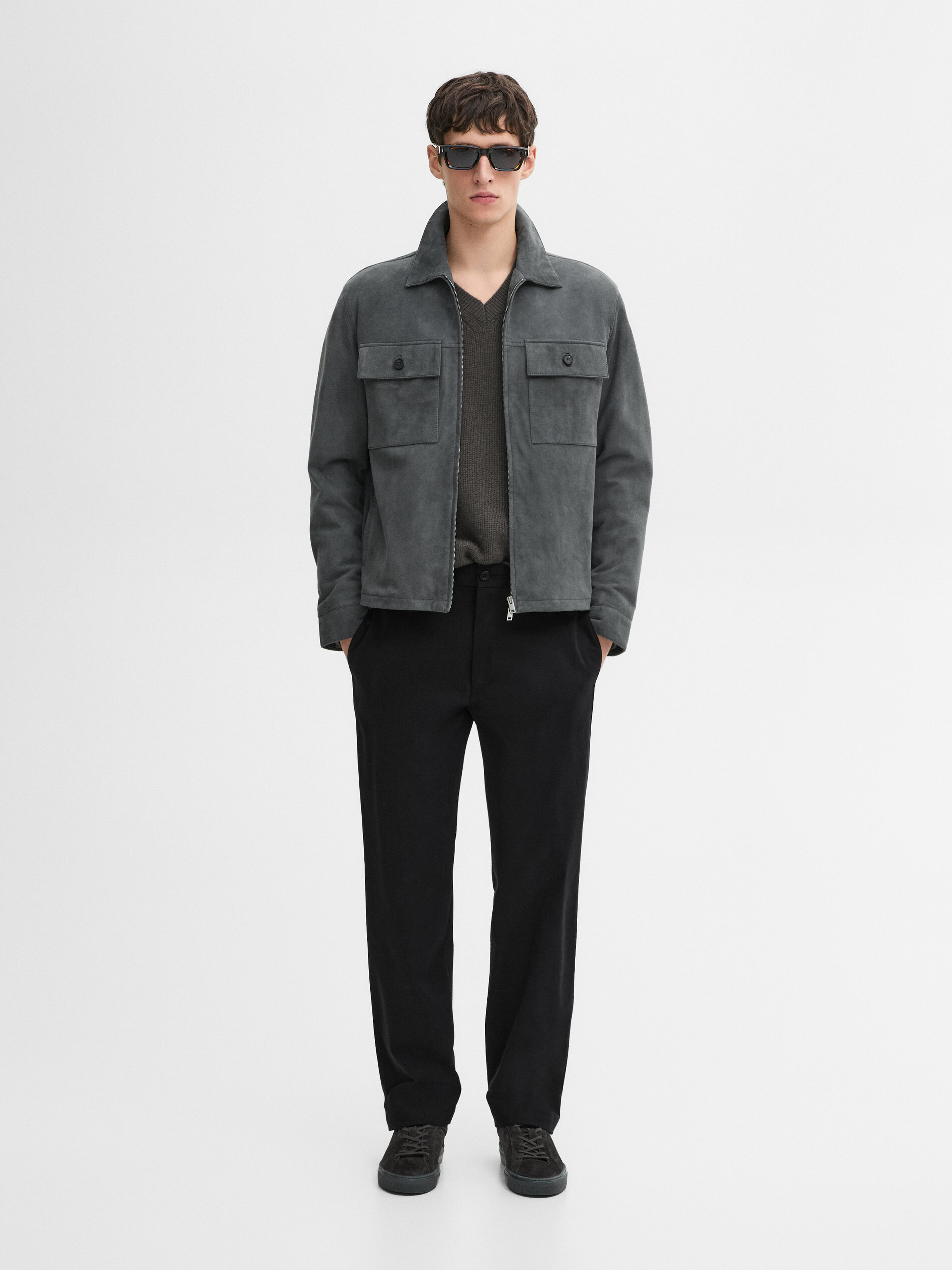 Veste Courte En Daim Cuir - Bleu - M - Massimo Dutti - Homme