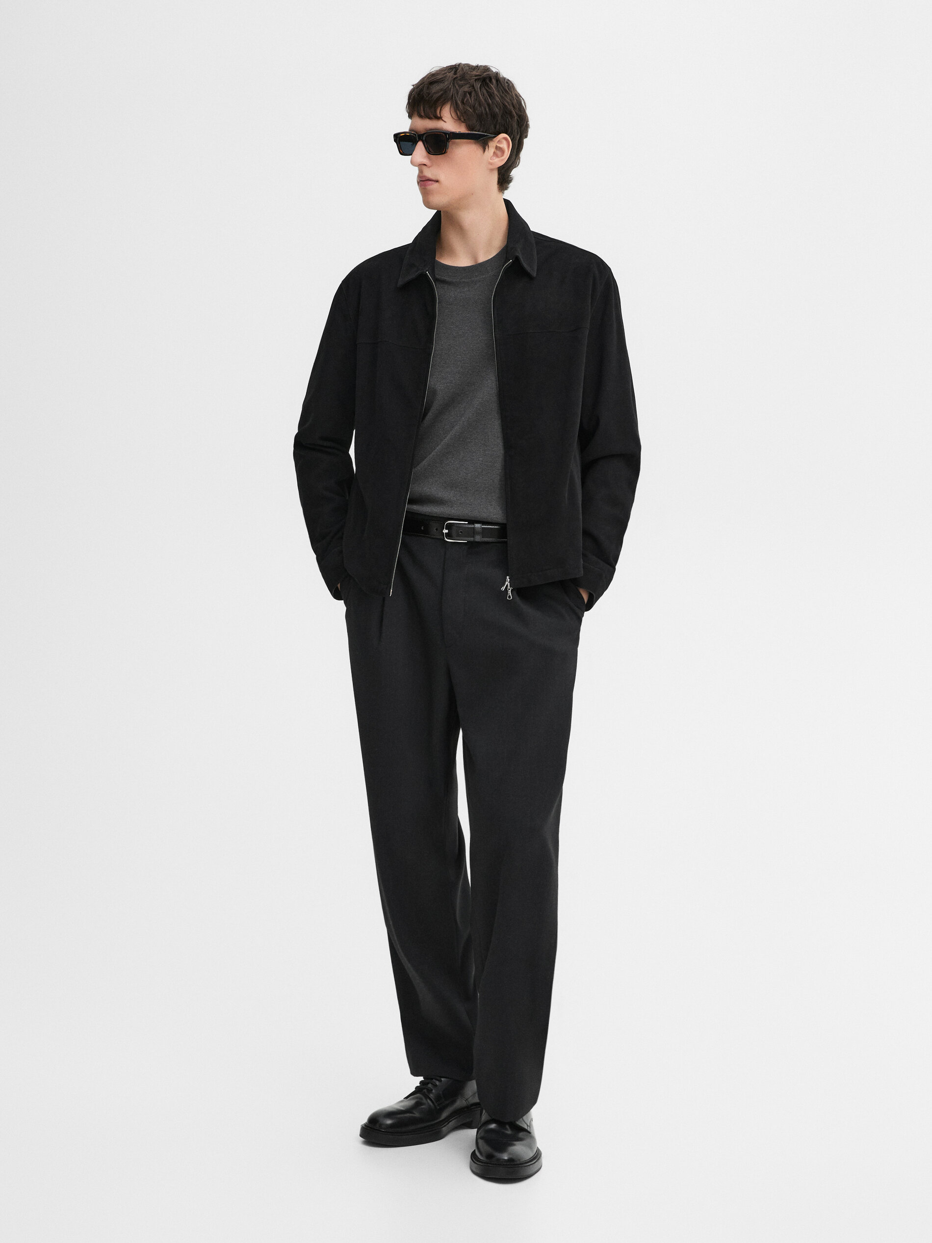 Veste En Cuir Type Daim - Noir - Xl - Massimo Dutti - Homme