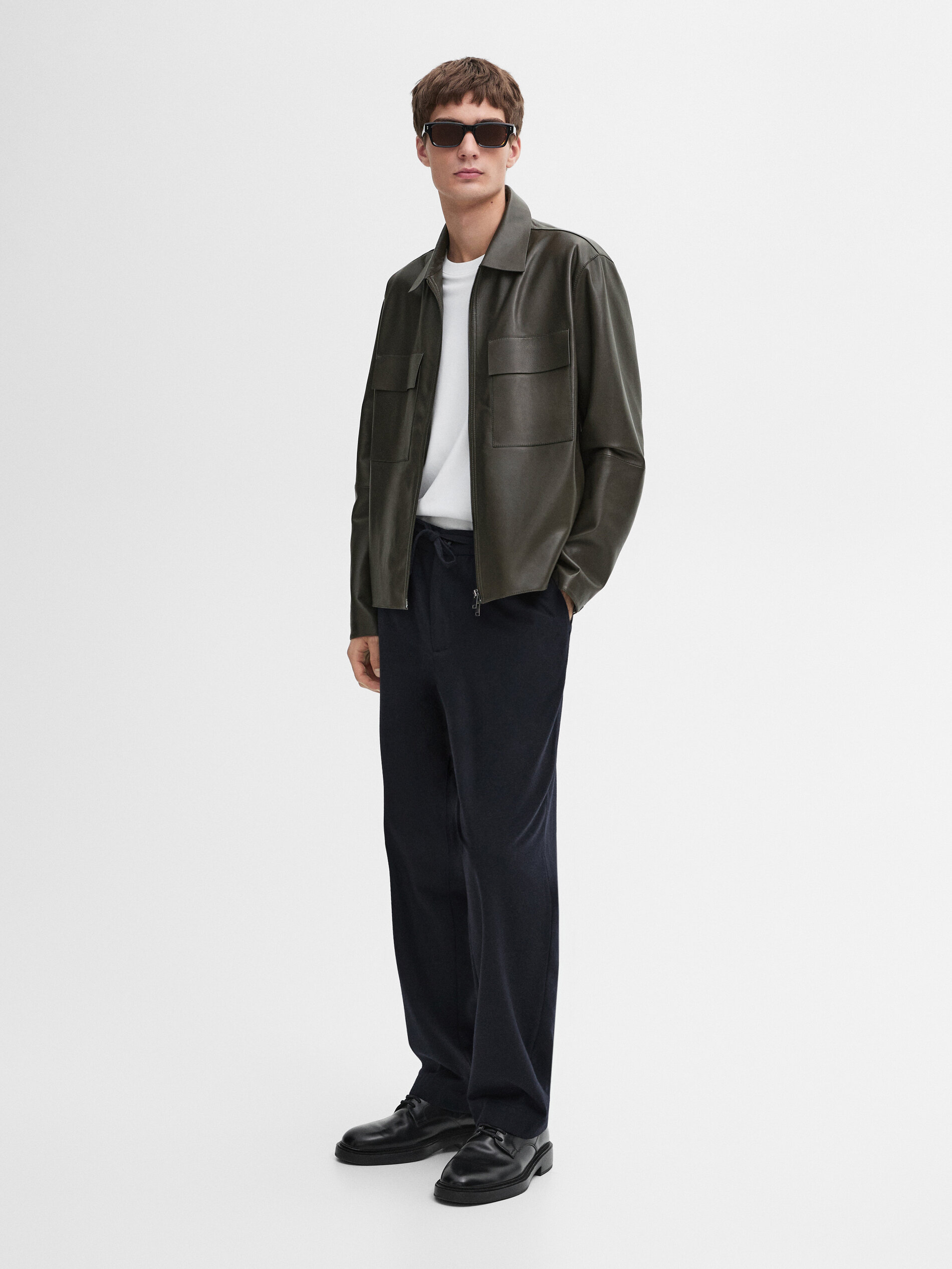 Blouson Court En Cuir Nappa - Kaki Sombre - S - Massimo Dutti - Homme