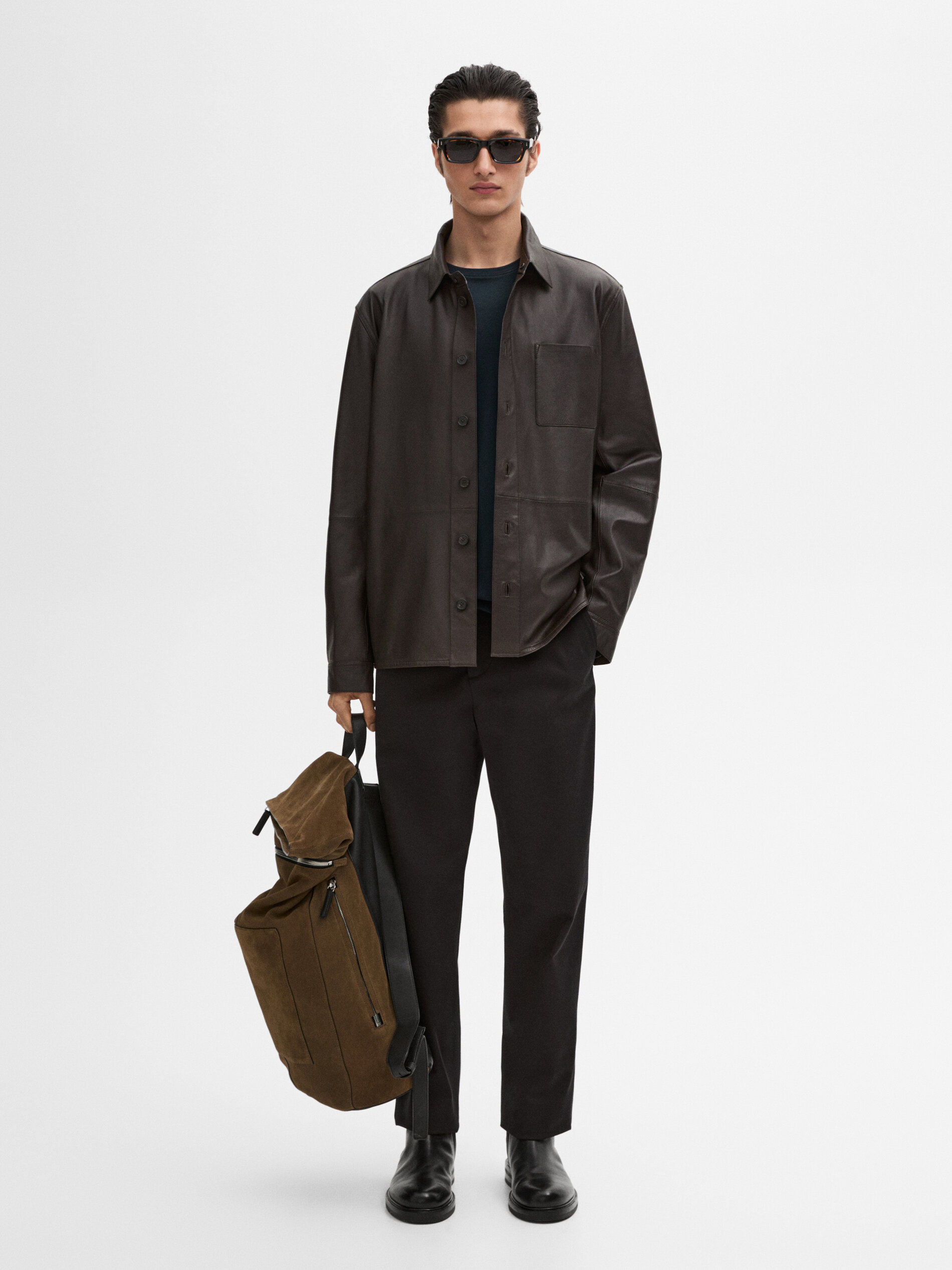 Chemise Avec Poche Poitrine En Cuir Nappa - Marron - M - Massimo Dutti - Homme