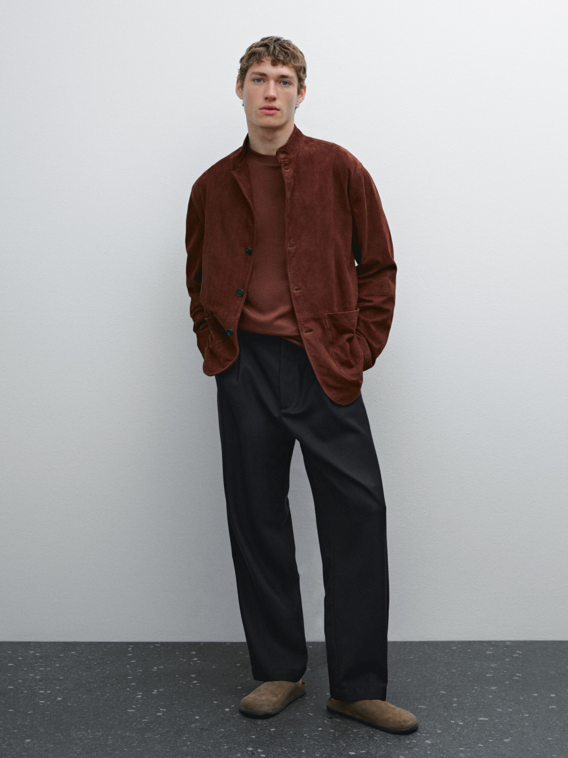Veste À Col Mao En Cuir Finition Daim - Chaudron - M - Massimo Dutti - Homme