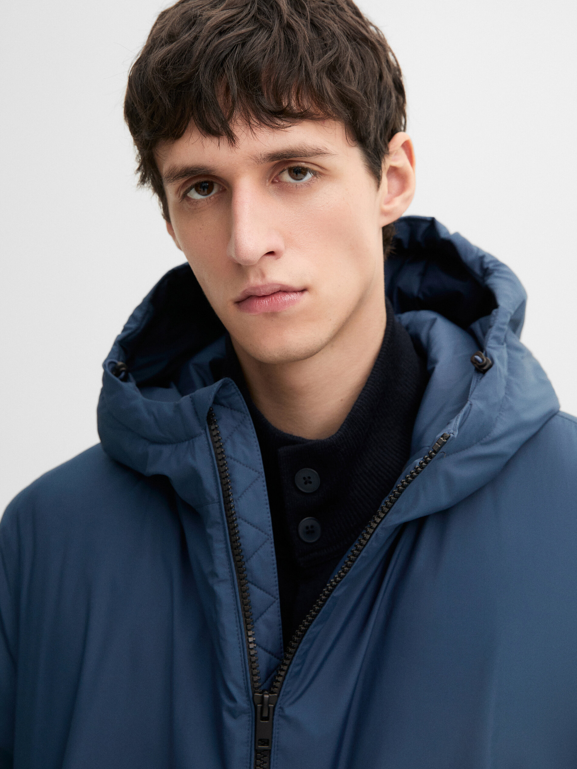 Parka Longue Matelassée À Capuche Et Plumes - Bleu Fort - S - Massimo Dutti - Homme