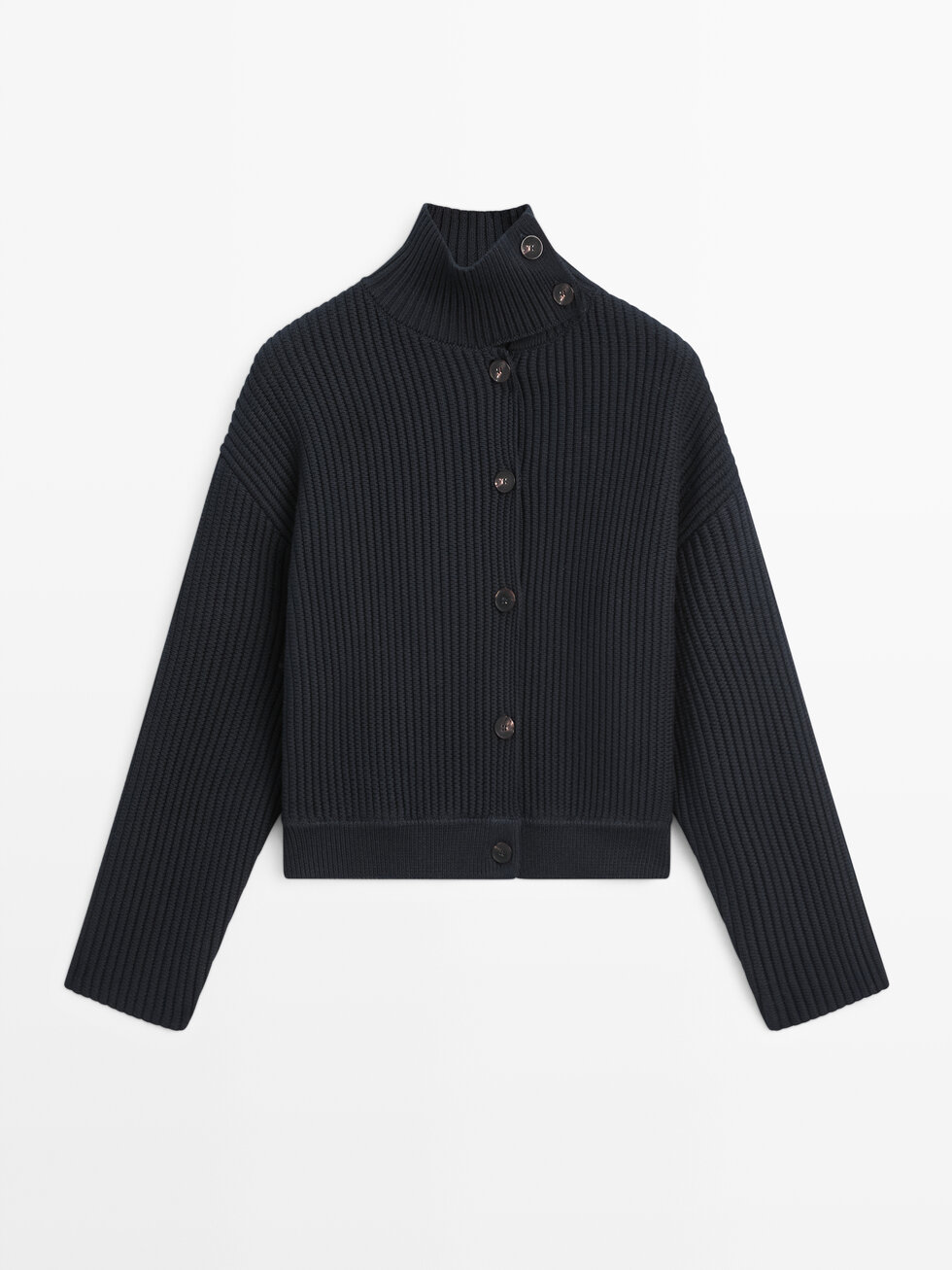 【P7564】Kimgunmo.9 Cotton high neck knit cardigan · Navy Blue, Cream · Cardigan